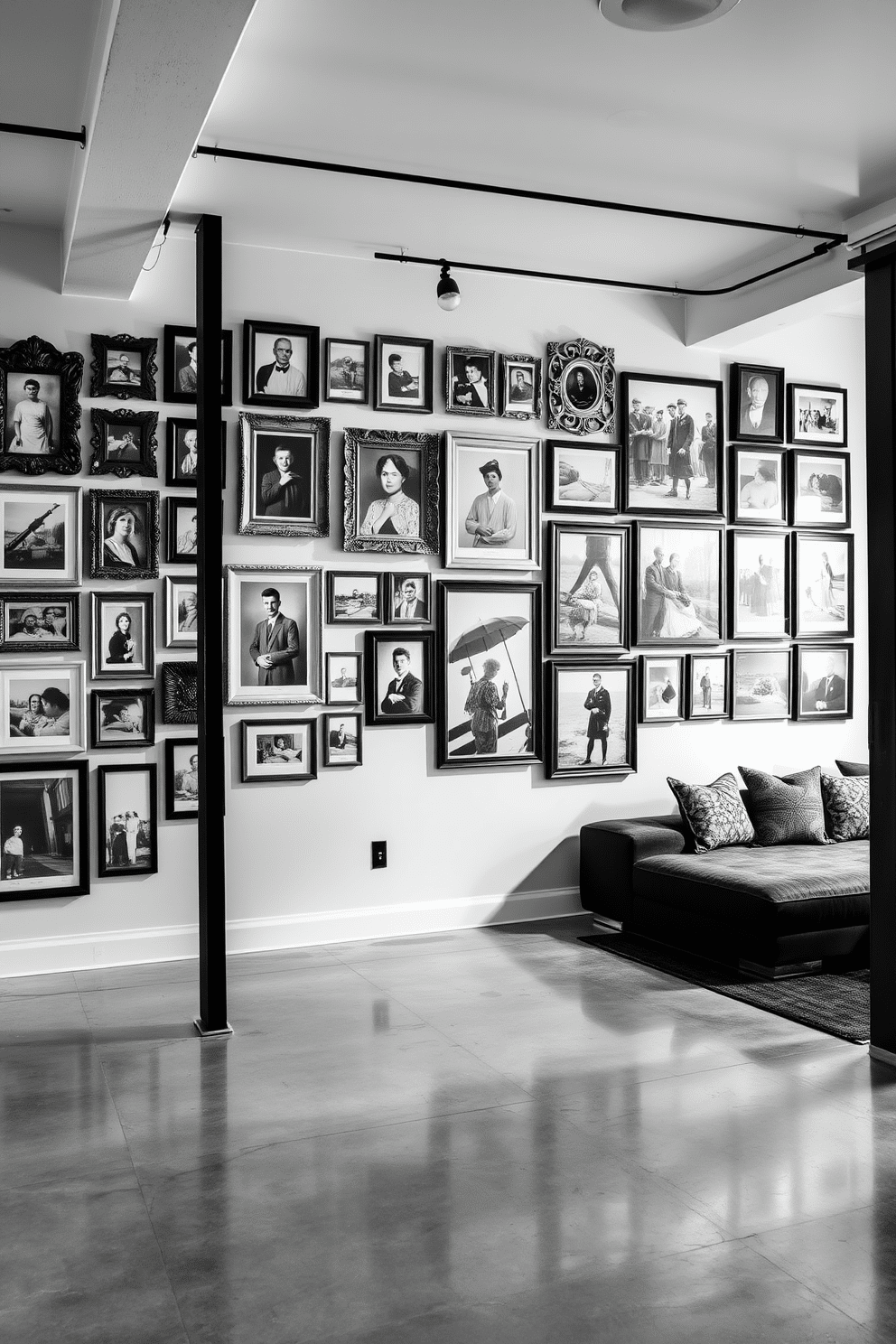 A stunning gallery wall filled with vintage black and white photographs, showcasing various moments in history and art. The frames are an eclectic mix of ornate and minimalist styles, hung in a creative arrangement that draws the eye. The basement features a sleek black and white design, with polished concrete floors and exposed beams. A cozy seating area with a contemporary sectional sofa contrasts beautifully with the monochromatic color scheme, while strategically placed lighting highlights the artistic elements of the space.