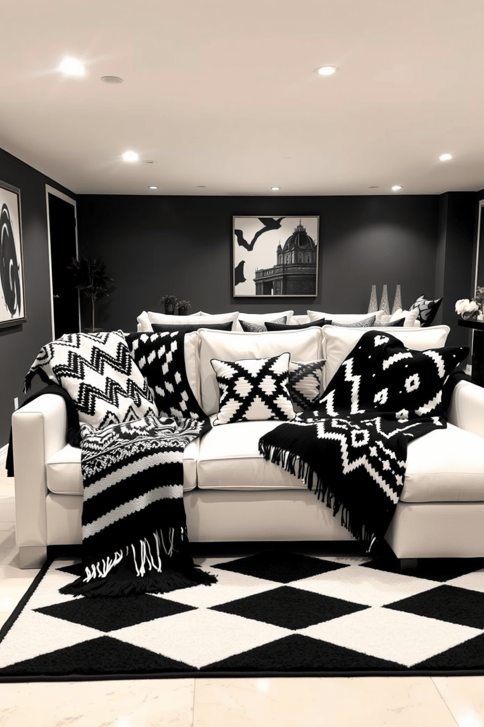 A cozy living space featuring stylish black and white throw blankets draped over a modern sofa. The room is accented with geometric patterns and plush cushions, creating a chic yet inviting atmosphere. A contemporary basement design showcasing a striking black and white color scheme. The space includes a sleek sectional, minimalist decor, and strategically placed lighting to enhance the modern aesthetic.