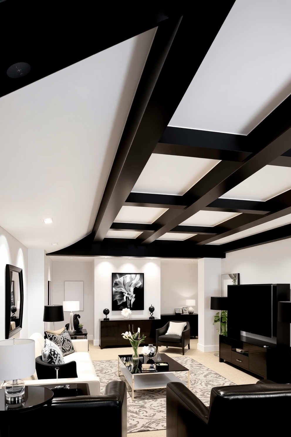 A stylish basement retreat featuring a white ceiling adorned with striking black beams that create a dramatic contrast. The space is designed with a sleek black and white color palette, incorporating modern furniture and elegant decor elements for a sophisticated atmosphere.