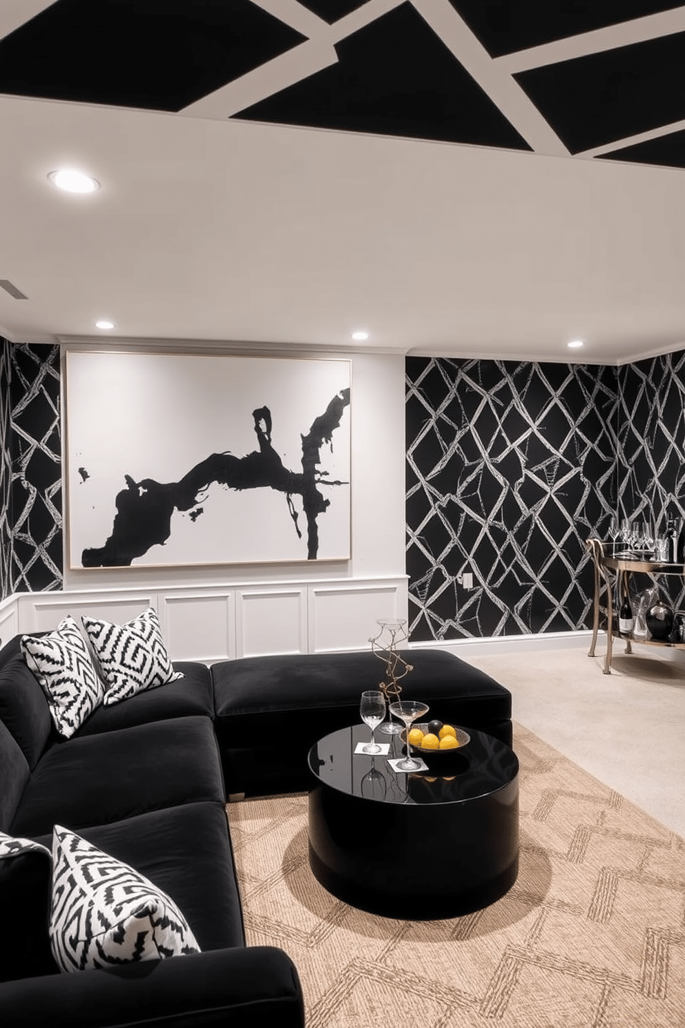 A stylish basement retreat featuring black and white geometric wallpaper that adds a bold visual element to the space. The room is furnished with a sleek sectional sofa in a deep black fabric, complemented by a modern white coffee table at the center. In one corner, a minimalist bar cart showcases an array of elegant glassware, while a large abstract painting in monochrome tones adorns the wall above it. Soft lighting from recessed fixtures creates a warm ambiance, enhancing the contrast between the dark and light elements throughout the basement.