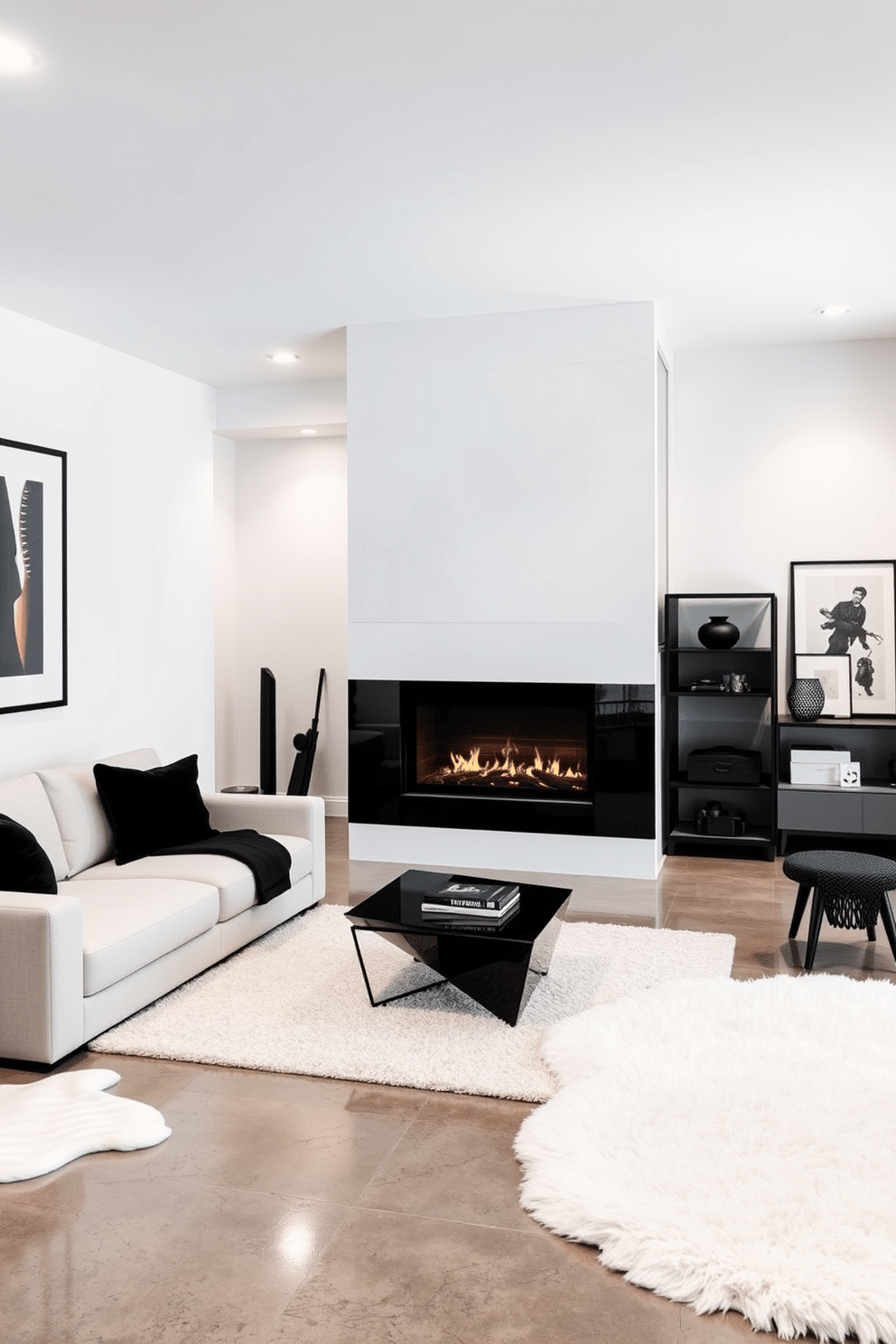 A modern fireplace with a sleek black surround serves as the focal point of the room, creating a striking contrast against the light-colored walls. The space is designed with minimalist furniture, featuring a low-profile sectional sofa in neutral tones and a geometric coffee table that complements the contemporary aesthetic. The black and white basement design features polished concrete floors that reflect the ambient light, enhancing the overall spaciousness. Bold black accents are incorporated through stylish shelving and art pieces, while plush white rugs add warmth and comfort to the sophisticated environment.