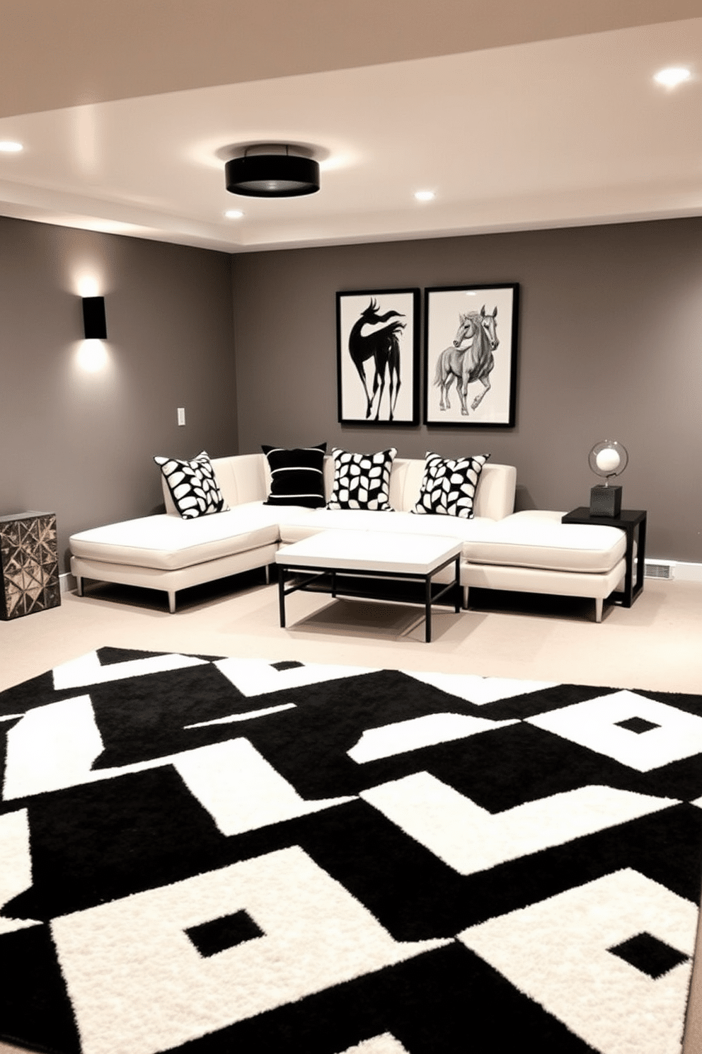 A modern basement designed with a geometric black and white area rug as the focal point. The space features sleek, minimalist furniture in contrasting shades, with walls painted in a soft gray to enhance the bold patterns of the rug. In one corner, a stylish sectional sofa is adorned with monochrome throw pillows, creating a cozy yet sophisticated seating area. Ambient lighting fixtures hang from the ceiling, casting a warm glow over the space and highlighting the contemporary art pieces on the walls.