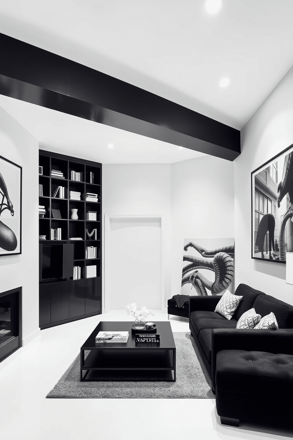 Bright white walls create a striking contrast against the rich tones of dark furniture, enhancing the room's modern aesthetic. The space features a sleek black sectional sofa paired with a minimalist coffee table, while a dark wood bookshelf lines one wall, filled with curated decor and books. In this basement design, the interplay of light and shadow is emphasized by the bold color scheme. Large, framed black-and-white photographs adorn the walls, adding a touch of sophistication and visual interest to the overall ambiance.