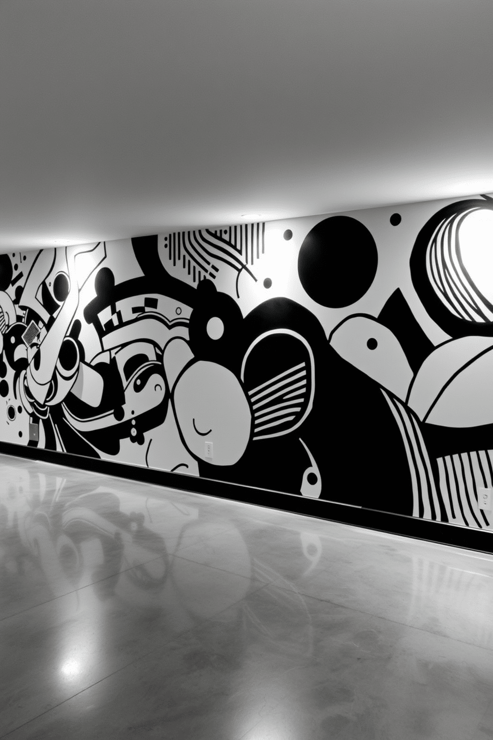 A striking black and white mural adorns the wall of the basement, creating a dramatic focal point that draws the eye. The mural features abstract shapes and patterns that enhance the modern aesthetic of the space. The flooring is a sleek polished concrete, providing a contemporary contrast to the mural. Soft, ambient lighting is strategically placed to highlight the artwork while creating a cozy atmosphere for relaxation.