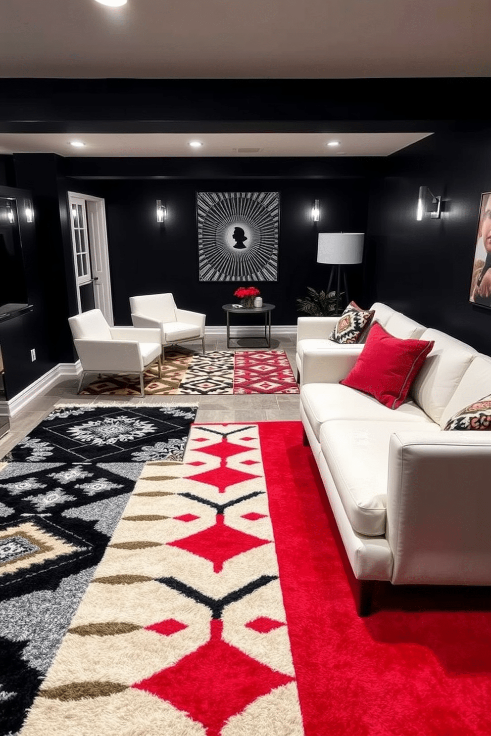 Contemporary area rugs with bold patterns. The rugs feature geometric designs in vibrant colors, adding a striking focal point to the space while complementing modern furniture. Black and White Basement Design Ideas. The basement showcases a sleek, minimalist aesthetic with contrasting black walls and white furniture, enhanced by stylish lighting fixtures that create an inviting atmosphere.