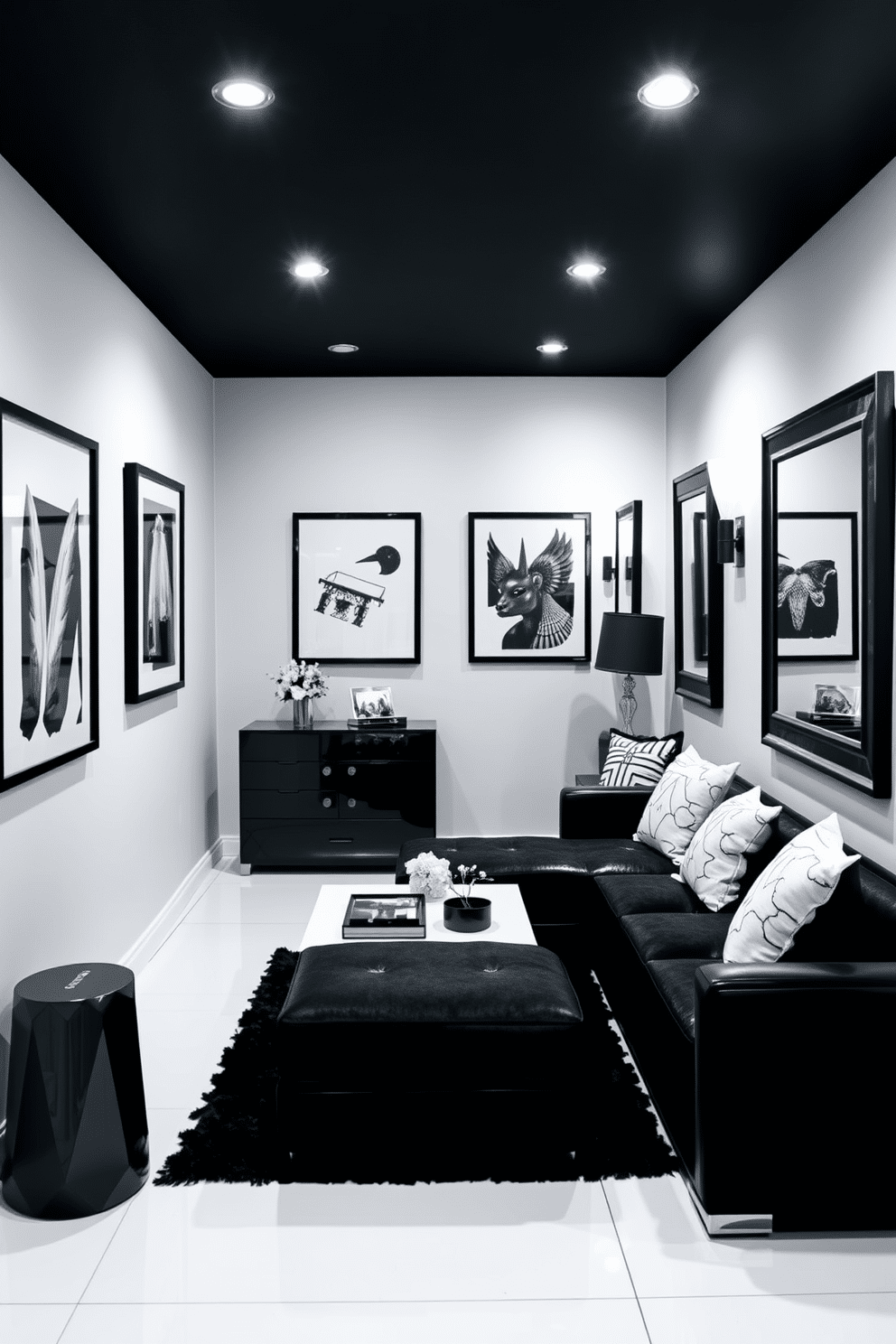 A chic basement retreat designed in black and white. The space features a sleek black sectional sofa paired with a white coffee table, while black-framed mirrors adorn the walls to create an illusion of depth and enhance the overall ambiance. The flooring is a polished white tile that contrasts beautifully with the dark accents throughout the room. Soft lighting fixtures are strategically placed to highlight the artwork and add warmth to the monochromatic palette.