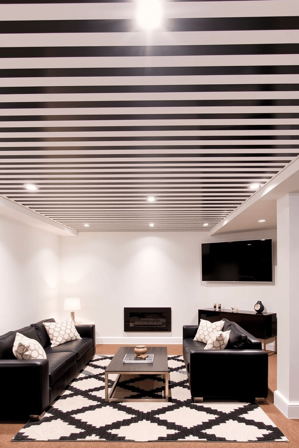 A striking black and white striped ceiling creates a bold focal point in the basement, enhancing the sense of height and space. The stripes alternate in width, adding visual interest and a modern flair to the otherwise minimalist design. The basement features a sleek black and white color palette, with plush furnishings that invite relaxation. Geometric patterns on the area rug complement the striped ceiling, while strategically placed lighting highlights the room's contemporary aesthetic.