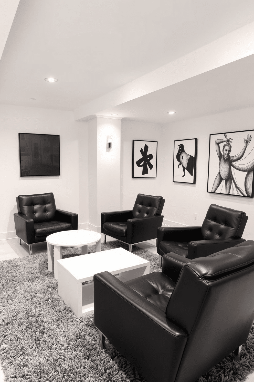 A modern basement design featuring black leather lounge chairs positioned around a sleek white side table. The walls are painted in a crisp white, contrasting with the dark furnishings, while the floor is adorned with a plush gray area rug for added comfort. Incorporate stylish black and white artwork on the walls to enhance the aesthetic. Soft, ambient lighting fixtures hang from the ceiling, creating a cozy atmosphere perfect for relaxation and entertainment.