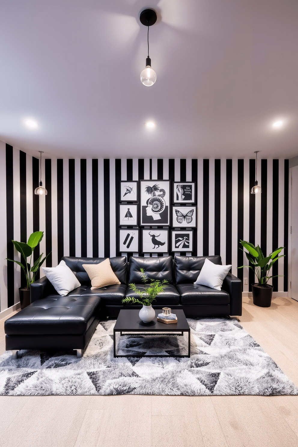 A striking basement design featuring bold striped wallpaper that creates a dramatic focal point. The room is anchored by a sleek black sectional sofa, complemented by a modern coffee table and a plush area rug in contrasting colors. The space is illuminated by stylish pendant lights that enhance the contemporary aesthetic. A gallery wall adorned with black and white artwork adds a sophisticated touch, while strategically placed plants bring a hint of freshness to the design.