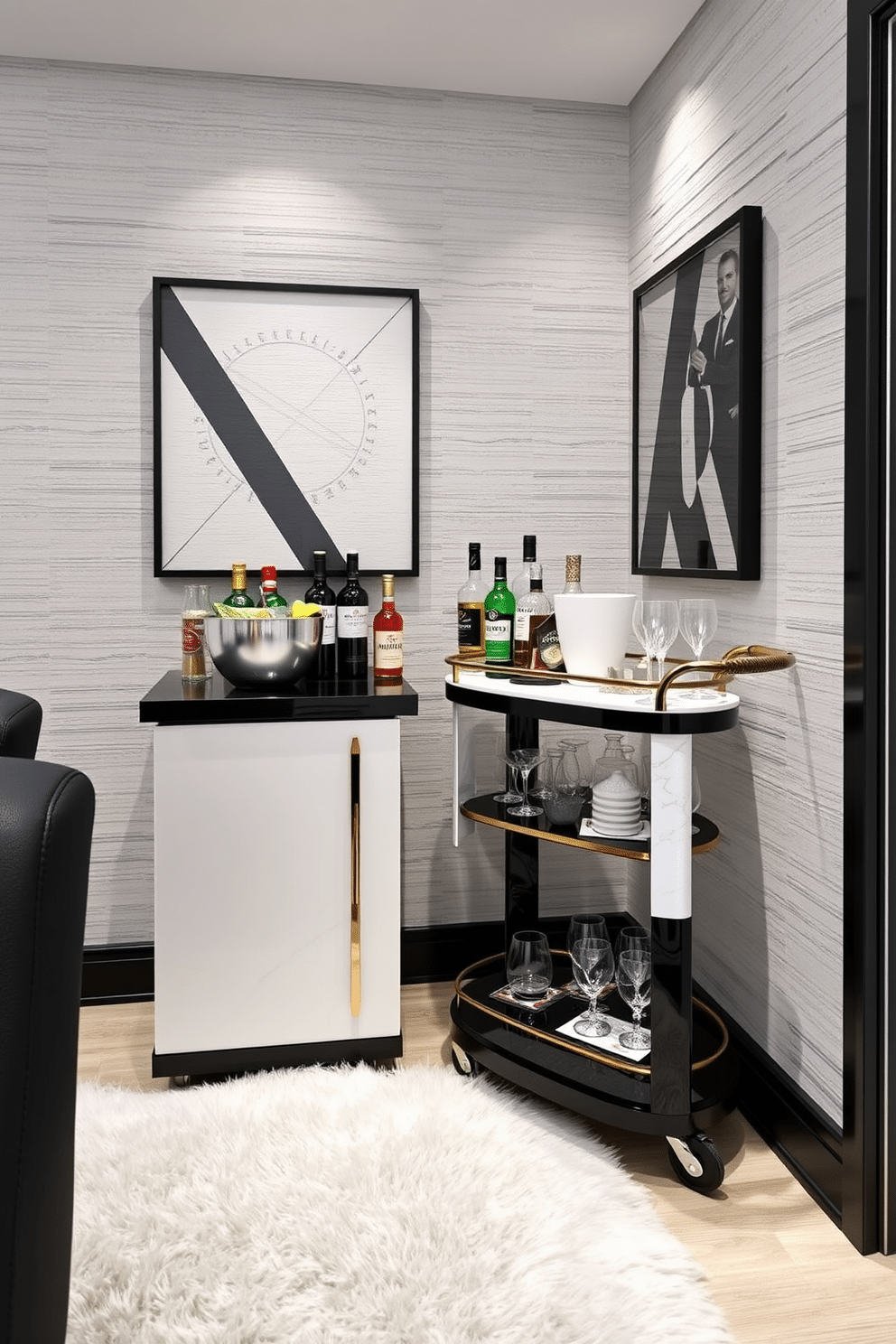 A stylish bar cart in black and white sits elegantly in the corner, featuring a sleek design with a glossy black finish and white marble accents. On the cart, an array of premium spirits and glassware is artfully arranged, complemented by a chic ice bucket and decorative coasters. The black and white basement design exudes modern sophistication, with contrasting elements that create a striking visual appeal. Soft lighting highlights the textured walls, while a plush area rug anchors the space, providing warmth and comfort amidst the bold color scheme.