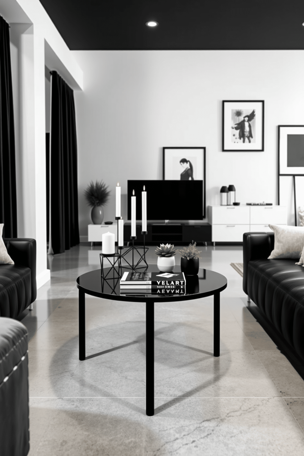 A chic black coffee table centerpiece featuring a geometric arrangement of candles, a stylish coffee table book, and a small potted succulent. The table is surrounded by plush, neutral-colored seating that complements the modern aesthetic of the space. For the black and white basement design, envision a sleek, contemporary layout with a polished concrete floor and white walls adorned with black-framed artwork. The space includes a cozy seating area with black leather sofas and a striking white entertainment unit, creating a balanced and inviting atmosphere.