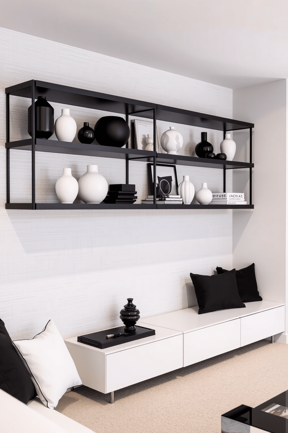 Open shelving displays a curated collection of black and white decor, featuring geometric vases and abstract sculptures that create a striking visual contrast. The shelves are mounted on a textured wall, enhancing the modern aesthetic of the space. The basement is designed with a monochromatic theme, incorporating sleek furniture in black and white tones to maintain a cohesive look. Soft lighting highlights the design elements, creating an inviting atmosphere perfect for relaxation or entertainment.