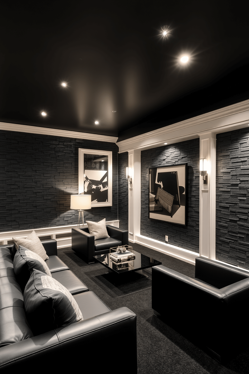 A striking basement design features a textured black wall that adds depth and drama to the space. The crisp white trim contrasts beautifully, enhancing the modern aesthetic while framing the room elegantly. Incorporate sleek furniture in monochrome tones to maintain a cohesive look, while adding pops of color through artwork or accessories. Soft lighting fixtures can create a warm ambiance, making the basement feel inviting and stylish.