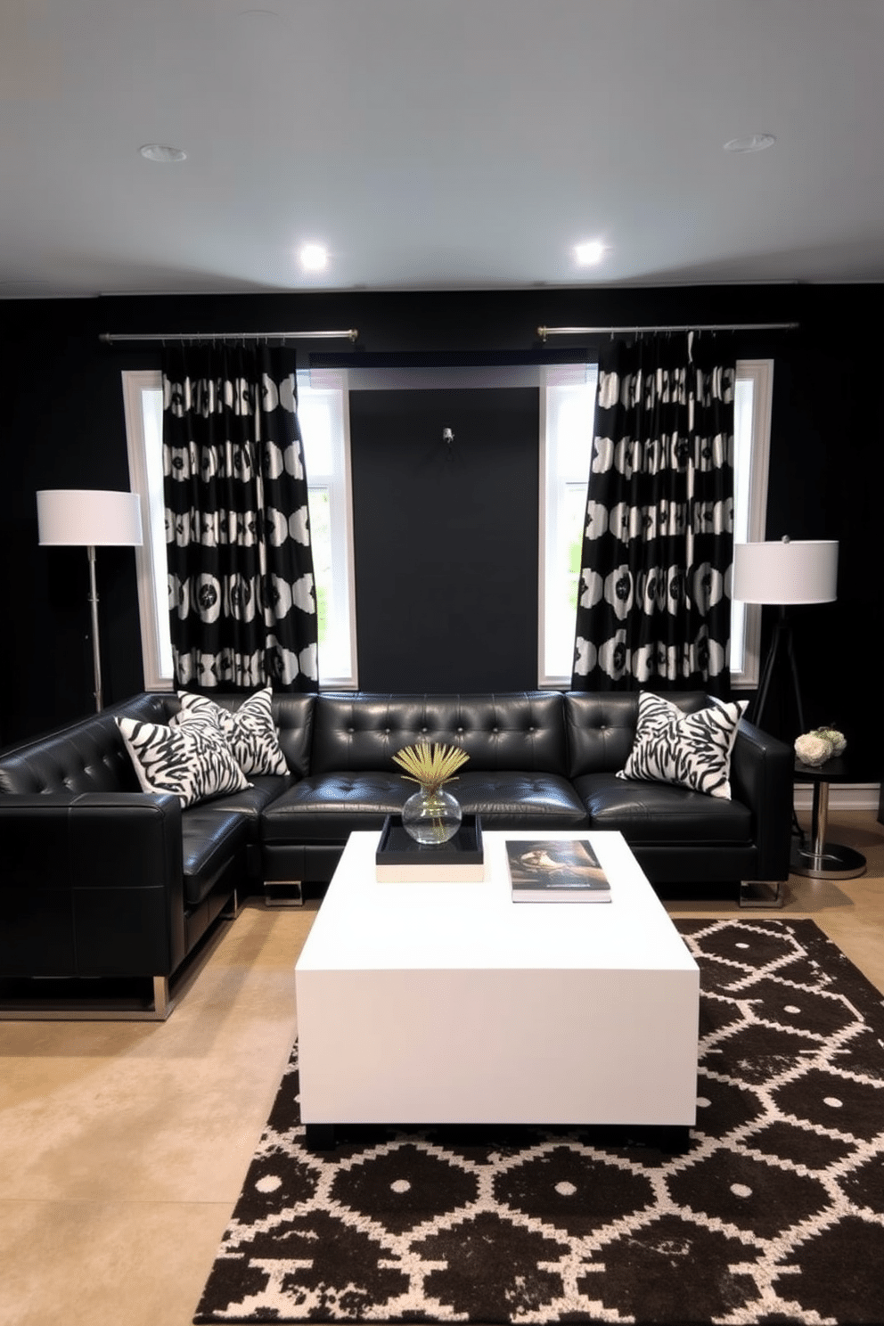 A stylish basement design featuring black and white patterned curtains that elegantly frame the large windows. The space is enhanced with sleek, modern furniture, including a black leather sofa and a white coffee table, creating a striking contrast against the dark walls. The flooring is a polished concrete, providing an industrial feel that complements the overall aesthetic. Accent pieces like geometric black and white throw pillows and a contemporary area rug tie the room together, adding warmth and texture.