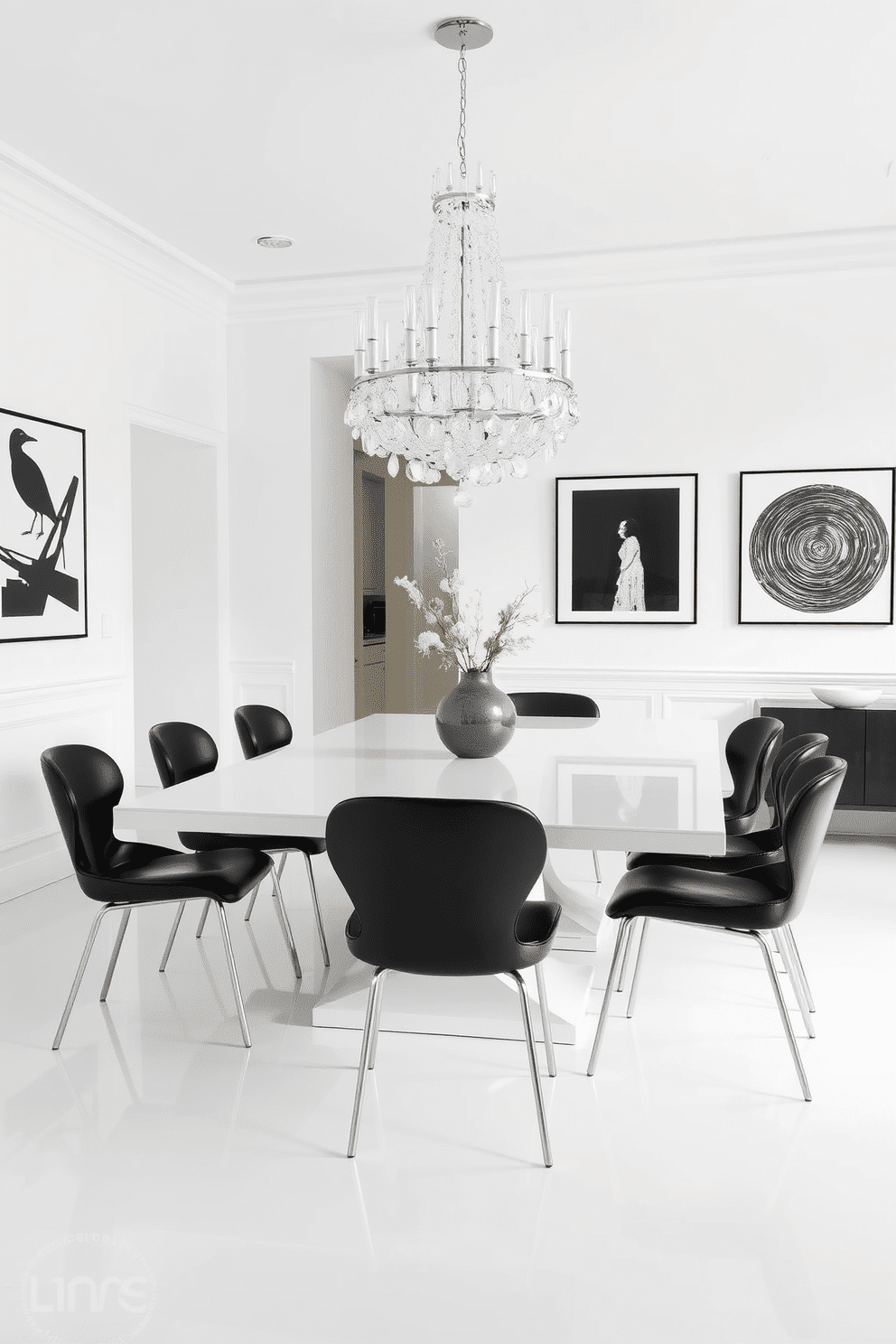 A modern dining room featuring a sleek white table surrounded by elegant black chairs. The walls are adorned with monochromatic artwork, and a statement chandelier hangs above the table, casting a warm glow over the space.