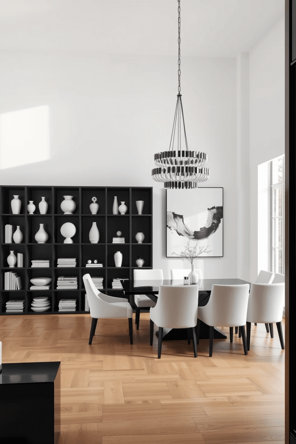 A striking black bookcase stands against a white wall, filled with an array of white decor items, including vases, books, and sculptures that create a harmonious contrast. The floor is a polished light wood, enhancing the monochromatic theme, while a large abstract painting in black and white hangs above the bookcase, adding a touch of sophistication. The dining room features a sleek black dining table surrounded by white upholstered chairs, creating a modern yet inviting atmosphere. A statement chandelier with black accents hangs above the table, casting a warm glow on the room, while a large window allows natural light to flood in, highlighting the elegant black and white color scheme.