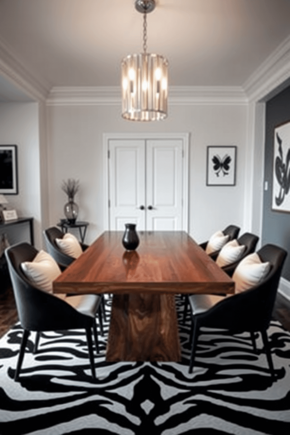 Chic black dining chairs with white cushions surround a sleek, rectangular dining table made of polished wood. The room is accented with a monochromatic color scheme, featuring a striking black and white patterned rug underfoot. The walls are adorned with minimalist black and white artwork, adding a touch of sophistication to the space. A modern chandelier hangs above the table, casting a warm glow that enhances the elegant atmosphere of the dining area.