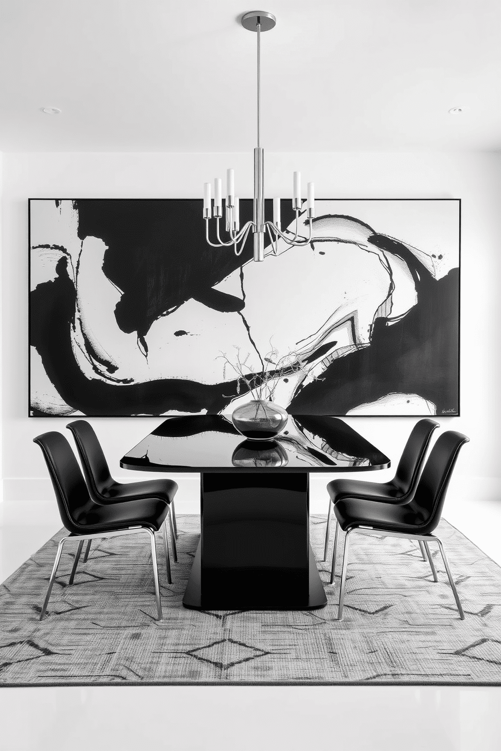 A striking black and white abstract painting dominates the dining room wall, creating a bold focal point that draws the eye. The artwork's fluid lines and contrasting shapes are complemented by a sleek, modern dining table surrounded by minimalist chairs in black leather. The dining room features a monochromatic color scheme, with a glossy black table set against a backdrop of crisp white walls. Soft, ambient lighting from a contemporary chandelier enhances the elegant atmosphere, while a textured rug in shades of gray adds warmth and depth to the space.