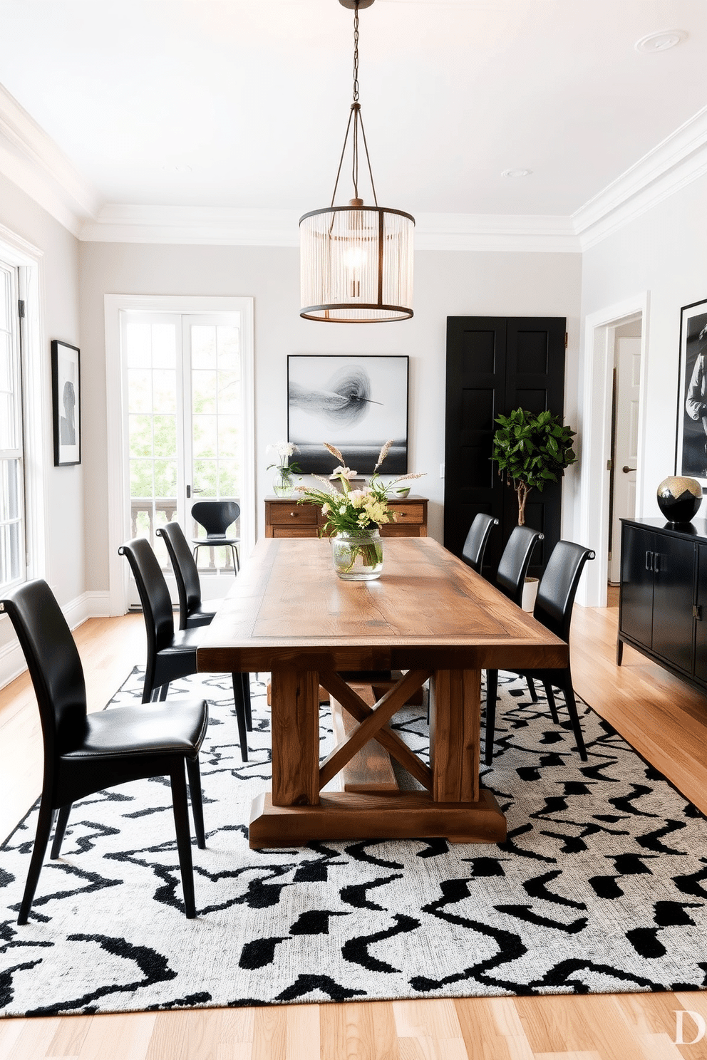 A rustic wooden table sits at the center of the dining room, surrounded by sleek black chairs that contrast beautifully with the natural wood. The walls are adorned with black and white artwork, and a statement light fixture hangs above, casting a warm glow over the space. The floor features a light-colored hardwood that complements the rustic table, while a large area rug in a monochromatic pattern anchors the seating area. Large windows allow natural light to flood in, enhancing the airy feel of this elegant black and white dining room.