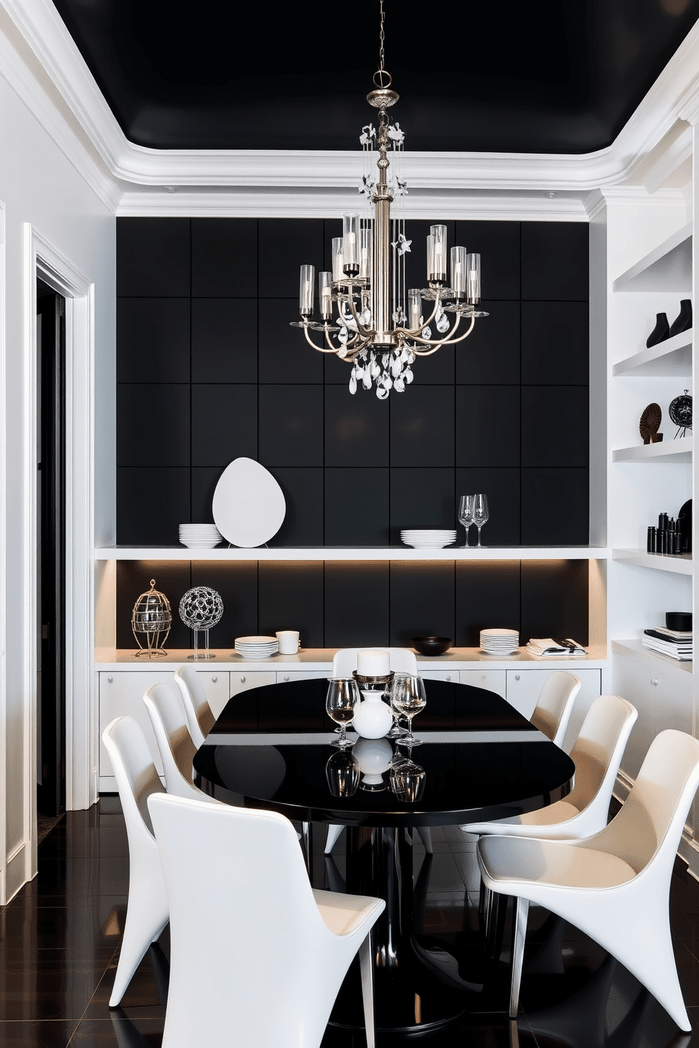 A striking dining room featuring black wall panels that create a bold backdrop, complemented by sleek white shelving that showcases elegant tableware and decor. The room is illuminated by a modern chandelier, casting a warm glow over a minimalist black dining table surrounded by white chairs.