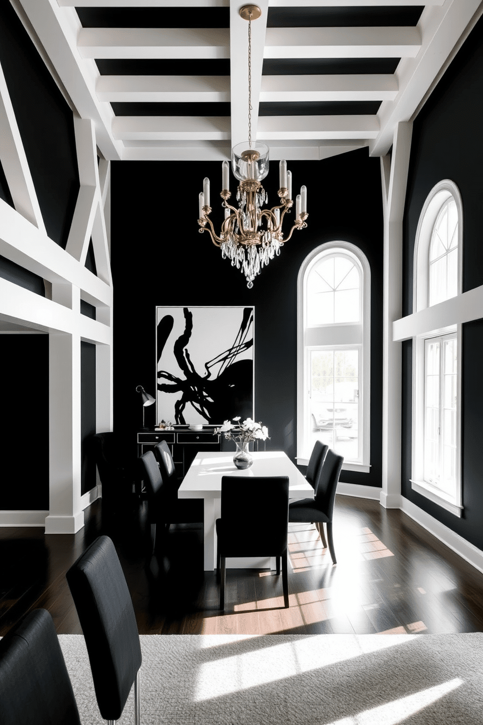 A striking dining room featuring black walls adorned with white ceiling beams that create a dramatic contrast. The space is elegantly furnished with a sleek white dining table surrounded by black upholstered chairs, complemented by a bold black and white art piece on the wall. Natural light floods the room through large windows, highlighting the interplay of light and shadow. A stylish chandelier with a modern design hangs above the table, adding a touch of sophistication to the monochromatic palette.