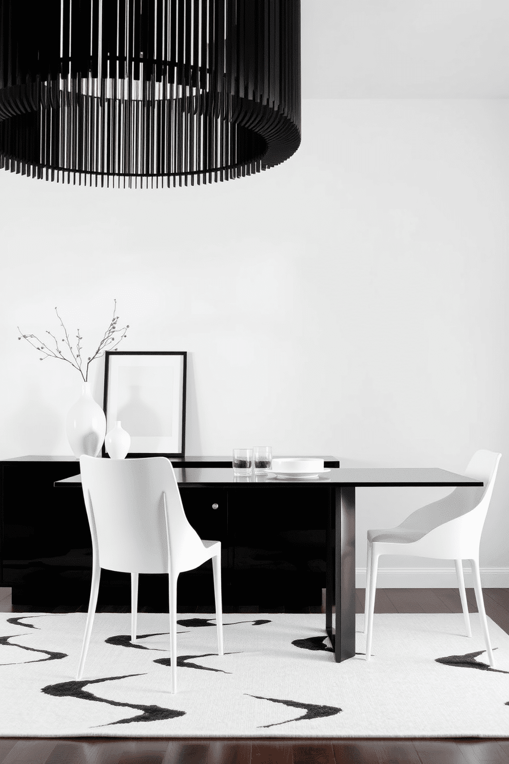 A stylish black sideboard stands against a crisp white wall, adorned with minimalist white decor pieces, including a sleek vase and a framed artwork. The dining area features a chic black and white color scheme, with a modern table surrounded by elegant white chairs that complement the sideboard's bold presence. The room is illuminated by a striking black chandelier, casting soft light over the space. A large monochrome rug anchors the dining area, tying together the black and white elements for a cohesive look.