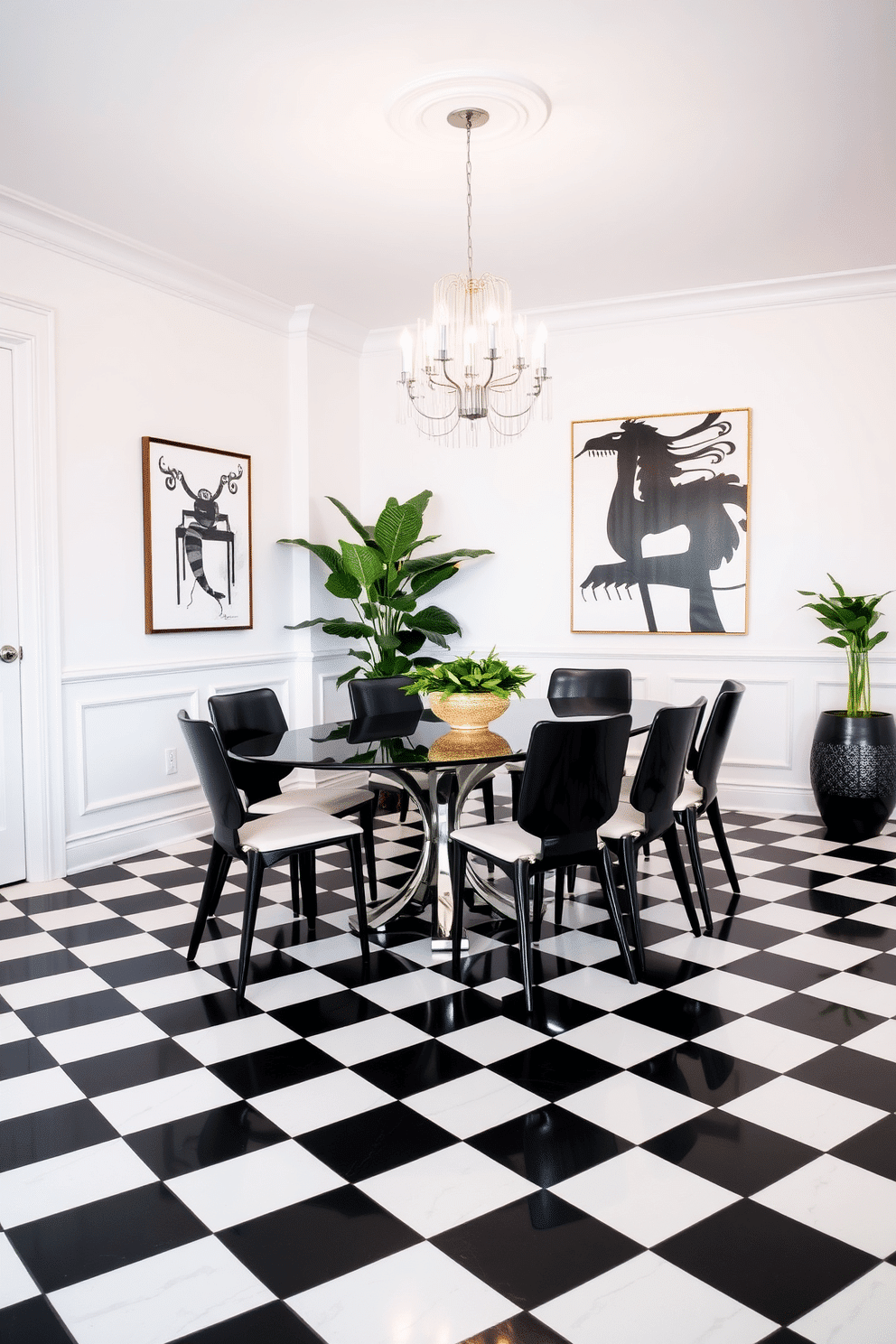 A stylish dining room featuring black and white checkered flooring that creates a bold visual impact. The space is adorned with a sleek, modern dining table surrounded by elegant black chairs with white cushions, complemented by a striking chandelier above. The walls are painted in a soft white, enhancing the contrast with the flooring. A large piece of abstract art in black and white hangs on one wall, while a lush green plant in a decorative pot adds a touch of color to the room.