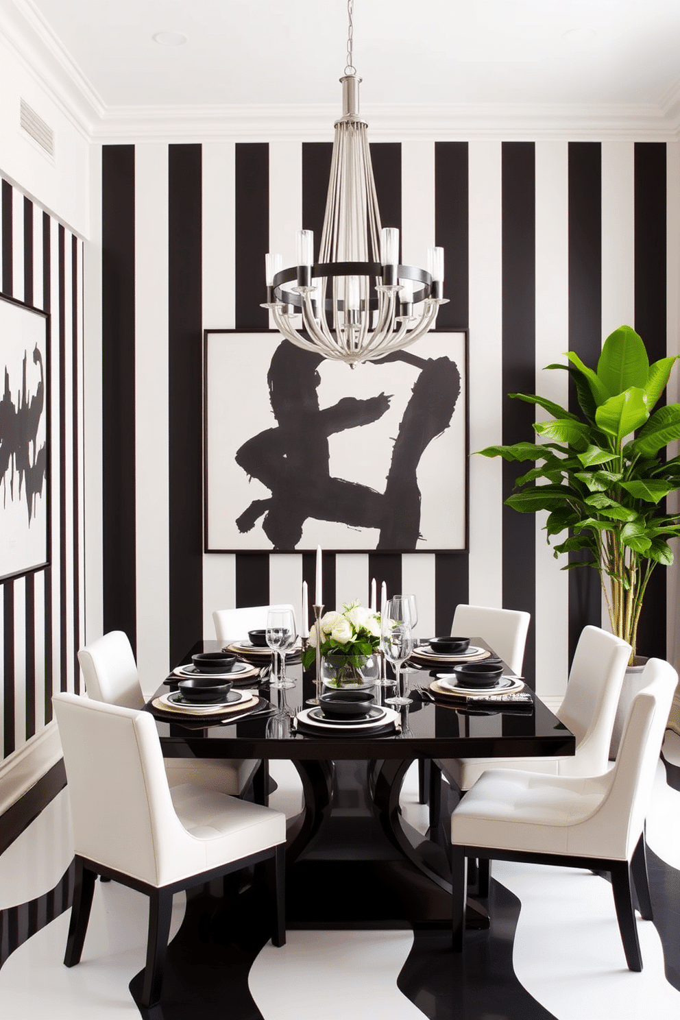 A striking dining room featuring bold black and white striped wallpaper that creates a dramatic backdrop. The space includes a sleek black dining table surrounded by white upholstered chairs, complemented by a modern chandelier overhead. A large abstract black and white artwork adorns one wall, adding an artistic touch to the room. Elegant table settings with contrasting black and white dinnerware enhance the sophisticated atmosphere, while a lush green plant in the corner introduces a refreshing pop of color.