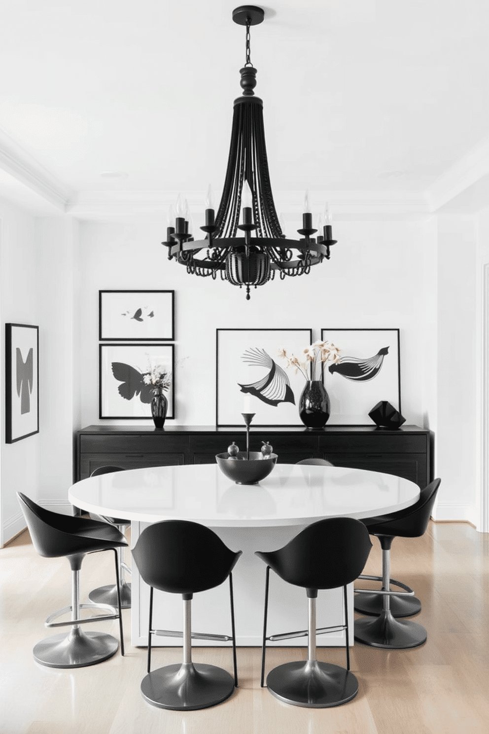 A sleek black and white dining room features a contemporary white island at its center, surrounded by elegant modern black bar stools. The walls are adorned with minimalist black art pieces, and a statement black chandelier hangs above the island, creating a striking contrast against the bright space.