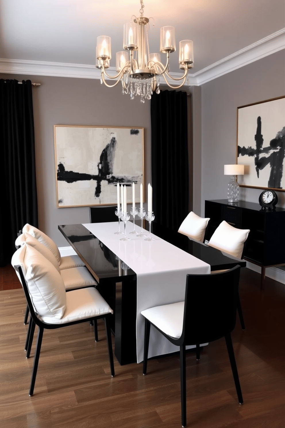 A chic dining room features a sleek black table adorned with a striking white table runner, creating a bold contrast. Surrounding the table are modern black chairs with white cushions, enhancing the elegant atmosphere. The walls are painted a soft gray, complementing the black and white theme, while a large abstract painting adds a touch of sophistication. A stunning chandelier hangs above, casting a warm glow over the dining area, perfect for intimate gatherings.