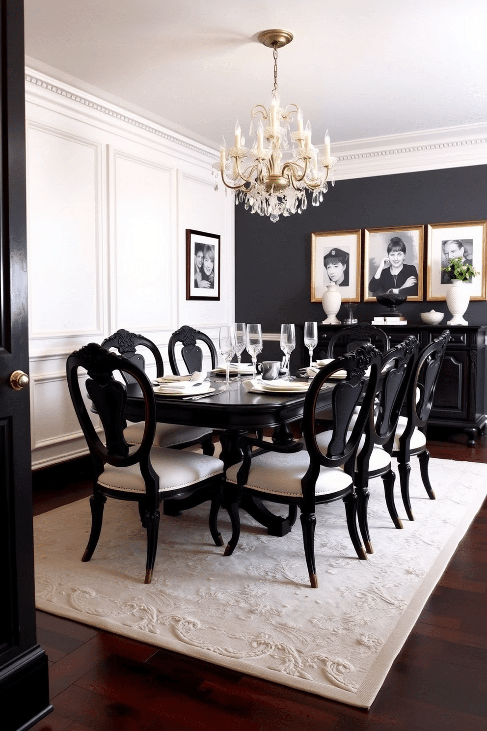 A vintage black dining set with white accents sits elegantly in the center of the room, surrounded by plush upholstered chairs that feature intricate detailing. The walls are adorned with tasteful black-and-white artwork, enhancing the room's sophisticated aesthetic. A stunning chandelier hangs overhead, casting a warm glow over the table, which is set with fine china and crystal glassware. The floor is finished with dark hardwood, complementing the vintage theme while a soft area rug adds comfort and texture beneath the dining set.