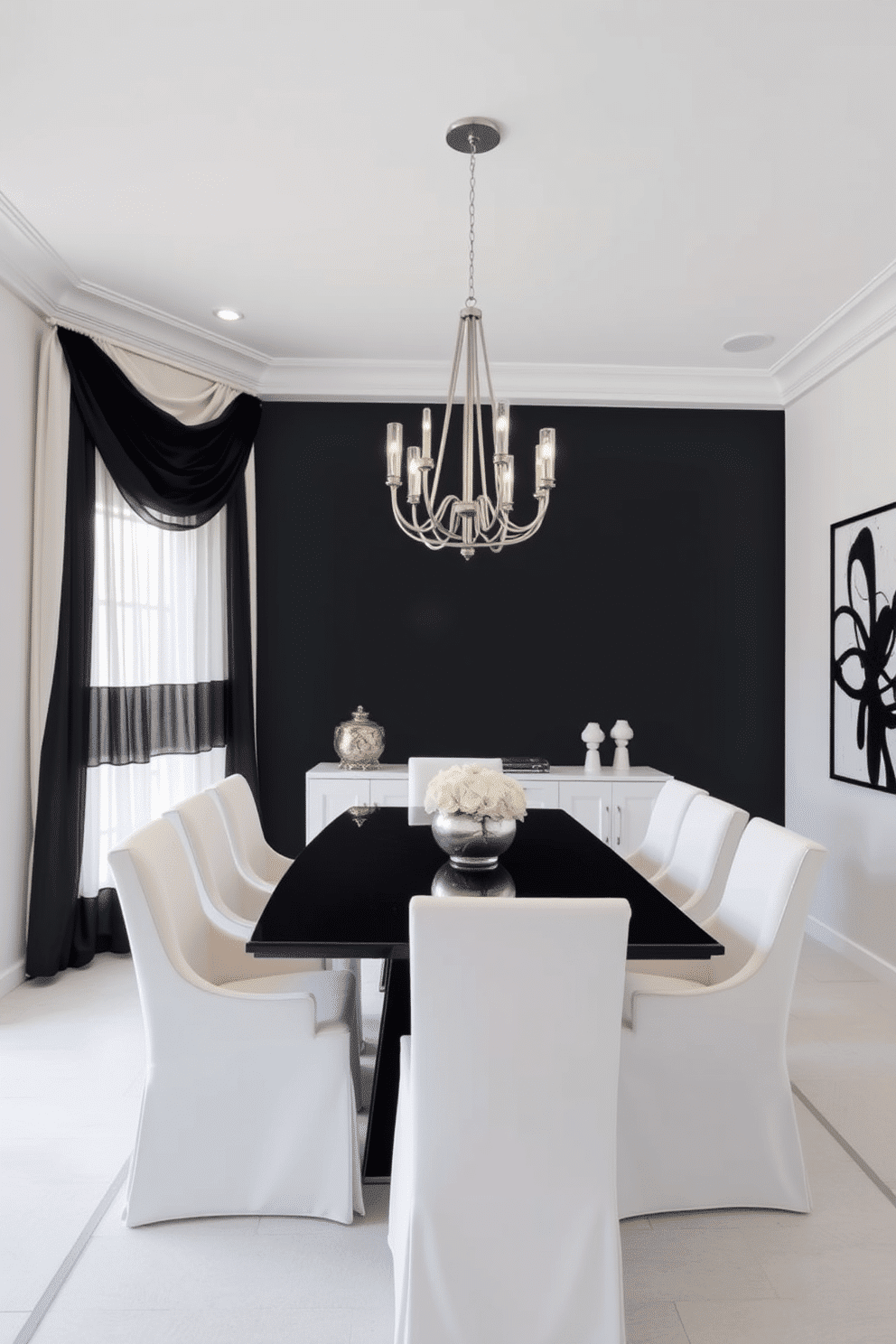 A stylish dining room featuring layered black and white curtains that add depth and elegance to the space. The room is adorned with a sleek black dining table surrounded by white upholstered chairs, creating a striking contrast. The walls are painted in a soft white hue, enhancing the brightness, while a bold black accent wall serves as a dramatic backdrop. A modern chandelier hangs above the table, casting a warm glow, and a large abstract black and white artwork is displayed prominently.