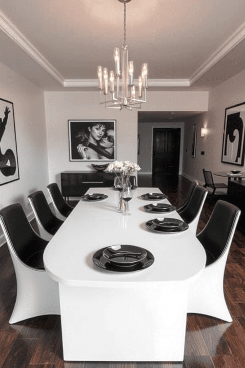 A striking dining room featuring a sleek white table set with artistic black plates. The walls are adorned with monochrome artwork, and a modern chandelier hangs above, casting a warm glow over the space. The floor is a polished dark wood, complementing the black and white color scheme. Elegant dining chairs with black upholstery surround the table, creating a sophisticated atmosphere for entertaining.