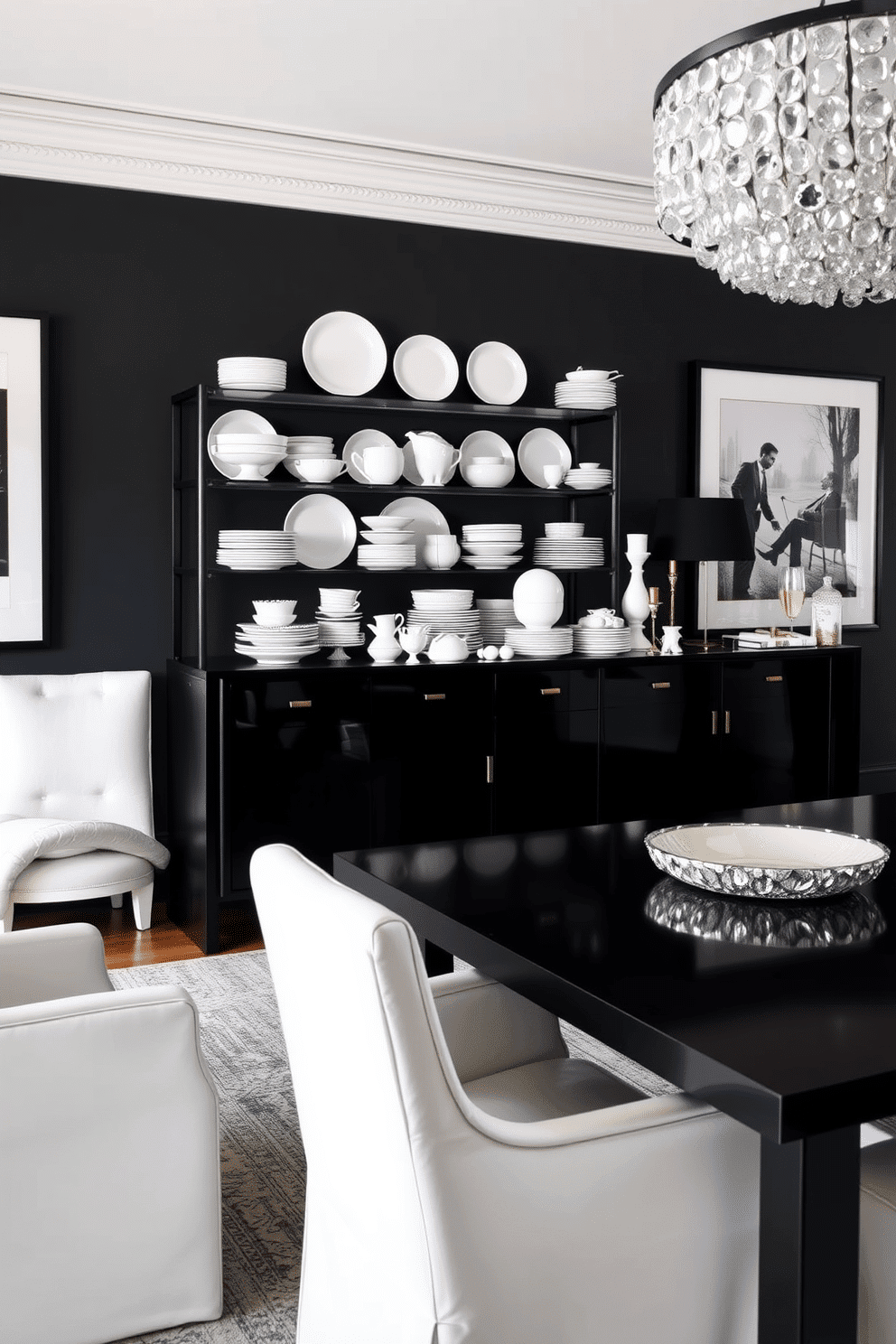 A sophisticated black buffet serves as the focal point of the dining room, showcasing an array of elegant white dishes arranged artfully on its surface. The walls are adorned with monochromatic artwork, and a sleek black dining table is surrounded by plush white chairs, creating a striking contrast that enhances the overall aesthetic.