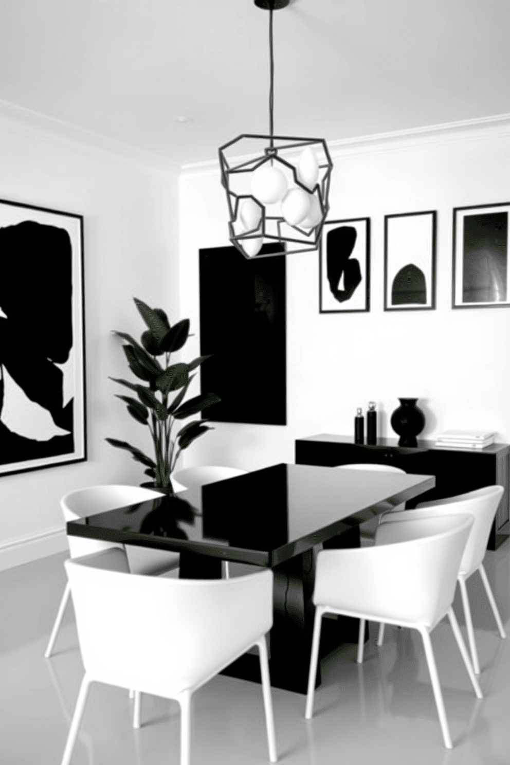 Crisp white walls adorned with striking black artwork create a bold contrast in the dining room. A sleek black dining table is surrounded by minimalist white chairs, enhancing the modern aesthetic. The space features a statement chandelier with geometric shapes, casting a soft glow over the table. A large potted plant in the corner adds a touch of greenery, complementing the monochrome theme.