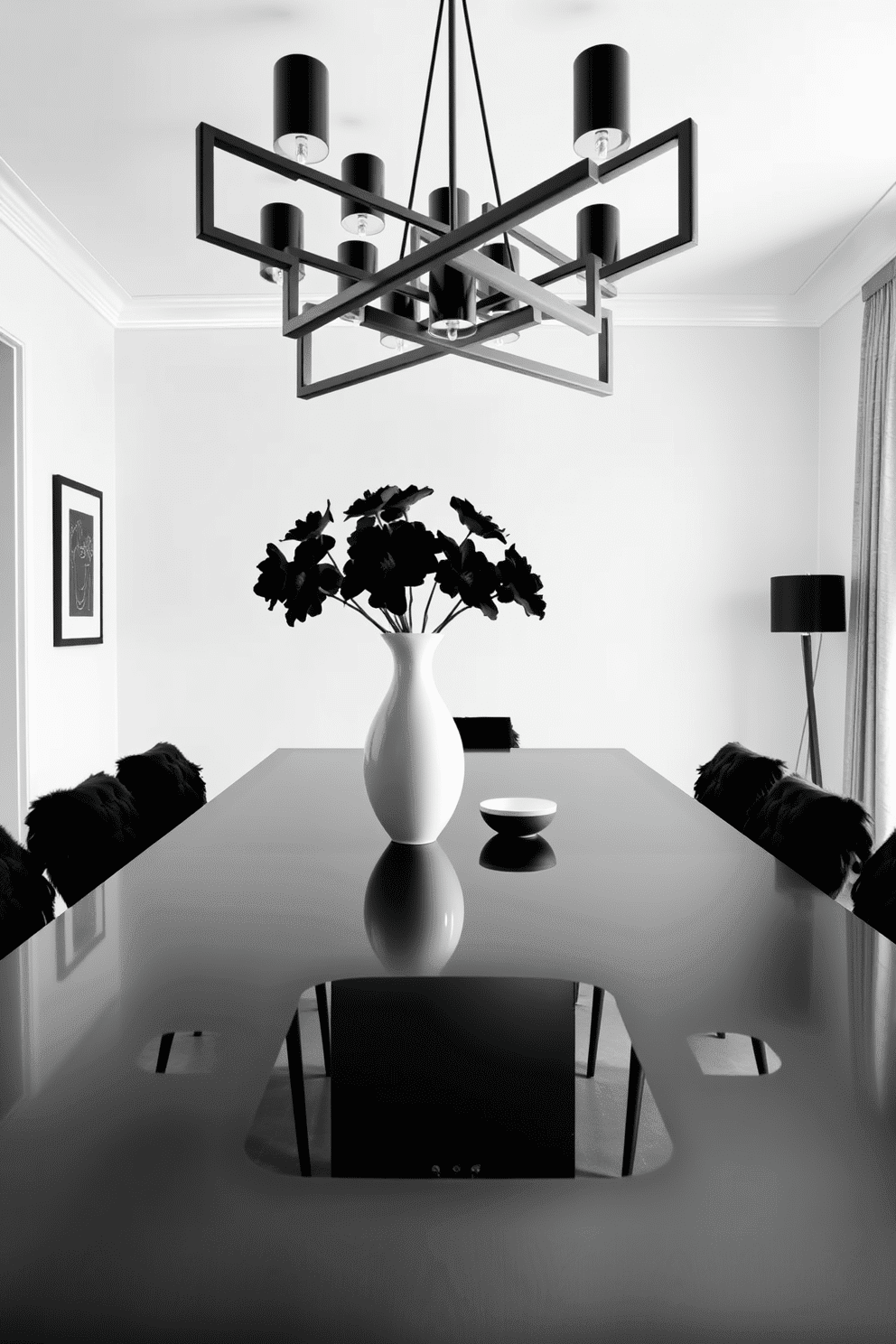 An elegant white vase sits at the center of a sleek black dining table, adorned with striking black flowers that create a bold contrast. The walls are painted in a crisp white, while black accents in the furniture and decor enhance the sophisticated monochrome aesthetic. The dining room features a modern chandelier with geometric designs, casting a soft glow over the space. Plush black chairs surround the table, adding comfort and style to this chic dining area.