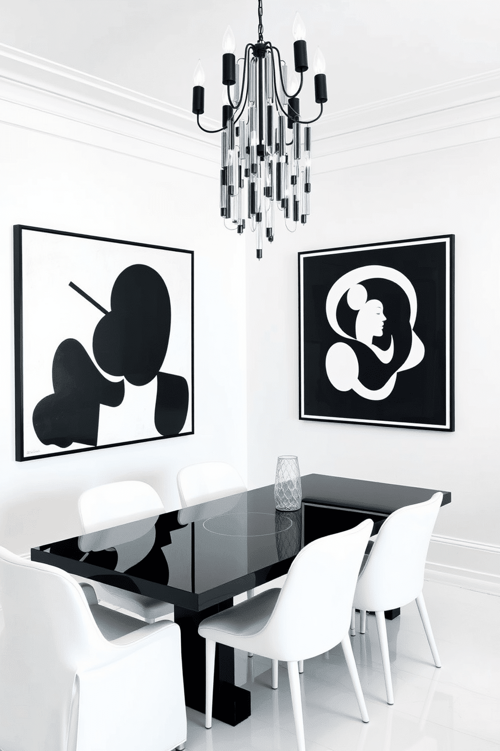 Monochrome art pieces adorn the pristine white walls, creating a striking contrast that draws the eye. The artwork features bold geometric shapes and abstract designs, enhancing the modern aesthetic of the space. The dining room is designed with a sleek black table surrounded by white chairs, exuding elegance and sophistication. A statement chandelier with black accents hangs above, casting a warm glow that complements the monochrome theme.