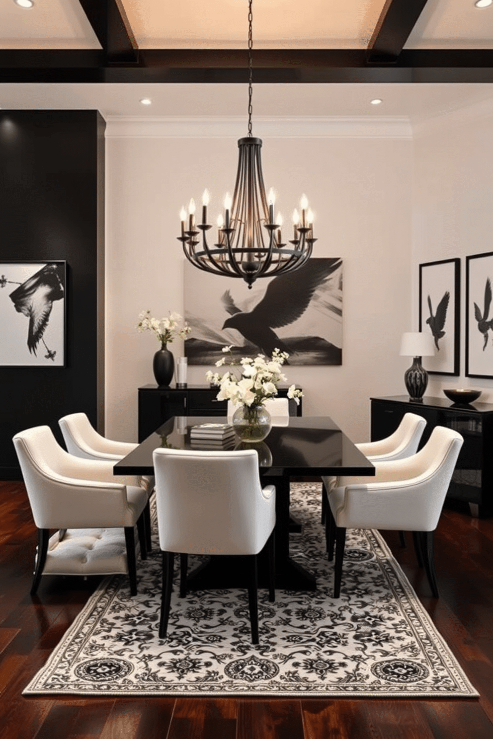 A stunning black chandelier hangs gracefully above a sleek, rectangular dining table, casting a warm glow over the space. The table is surrounded by plush white upholstered chairs that contrast beautifully with the dark wood flooring. The walls are adorned with monochromatic artwork, enhancing the sophisticated black and white theme. A large area rug with intricate patterns anchors the dining area, adding texture and depth to the overall design.