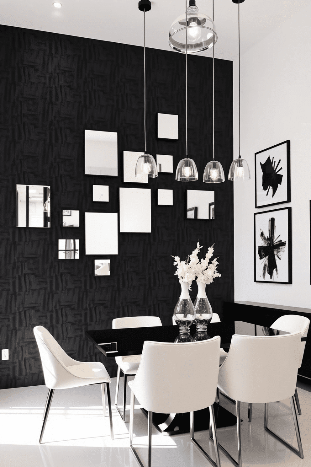 Textured black accent wall featuring an array of sleek, modern mirrors that create a striking visual effect. The room is illuminated by pendant lighting, casting soft shadows that enhance the wall's texture. A contemporary dining table sits at the center, surrounded by elegant white chairs that contrast beautifully with the dark wall. Bold black and white artwork adorns the walls, adding a touch of sophistication to the overall design.