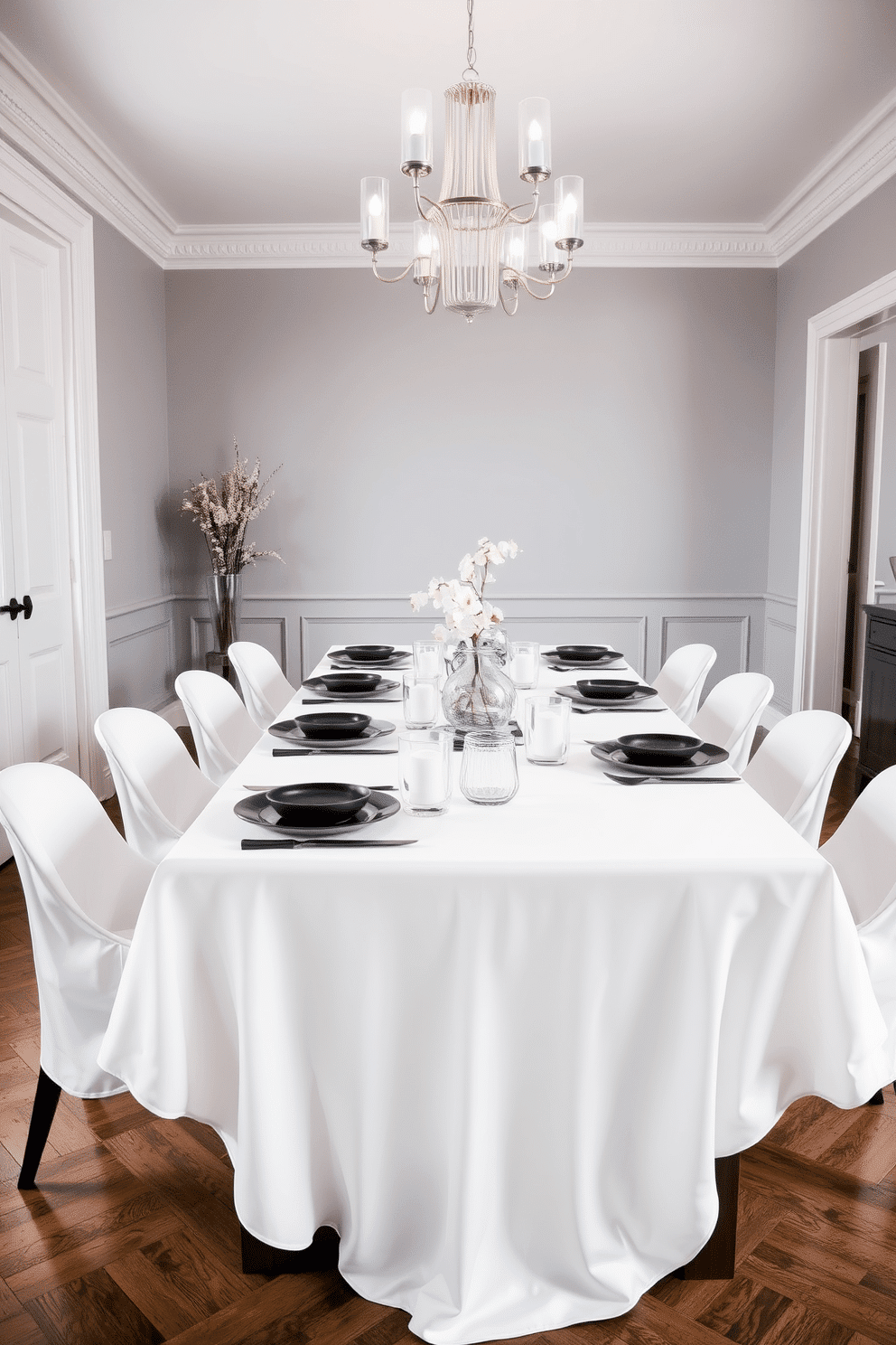 A stylish dining room features a white tablecloth elegantly draped over a long wooden table, adorned with sleek black dinnerware that contrasts beautifully against the bright fabric. The room is illuminated by a modern chandelier, and the walls are painted in a soft gray, creating a sophisticated backdrop for the monochromatic theme.