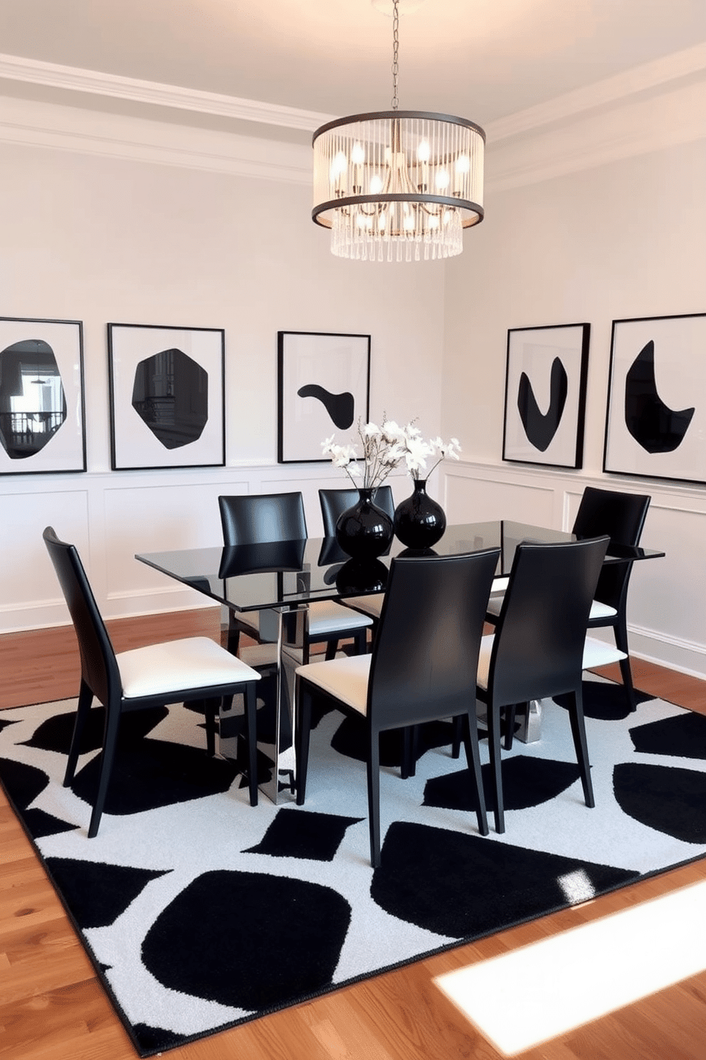 A chic dining room featuring a geometric black and white rug underfoot, providing a bold contrast against the polished hardwood floor. The dining table is a sleek glass design, surrounded by modern black chairs with white cushions, creating a striking visual balance in the space. The walls are adorned with minimalist black and white artwork, enhancing the contemporary feel of the room. A statement chandelier hangs above the table, casting a warm glow over the elegant setting, perfect for both intimate dinners and entertaining guests.