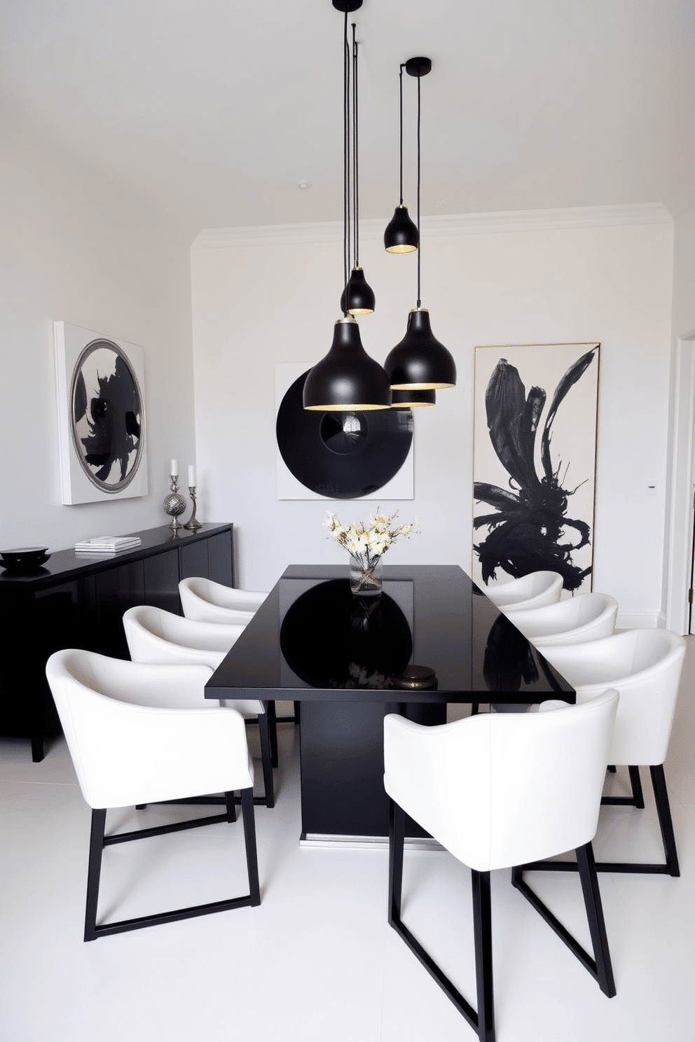 A modern dining room features a sleek black table surrounded by white upholstered chairs, creating a striking contrast. Above the table, several black pendant lights hang at varying heights, casting a warm glow over the space. The walls are painted in a soft white, enhancing the room's brightness, while a large black and white abstract artwork adorns one side. A stylish sideboard in black finishes the look, providing both function and elegance.