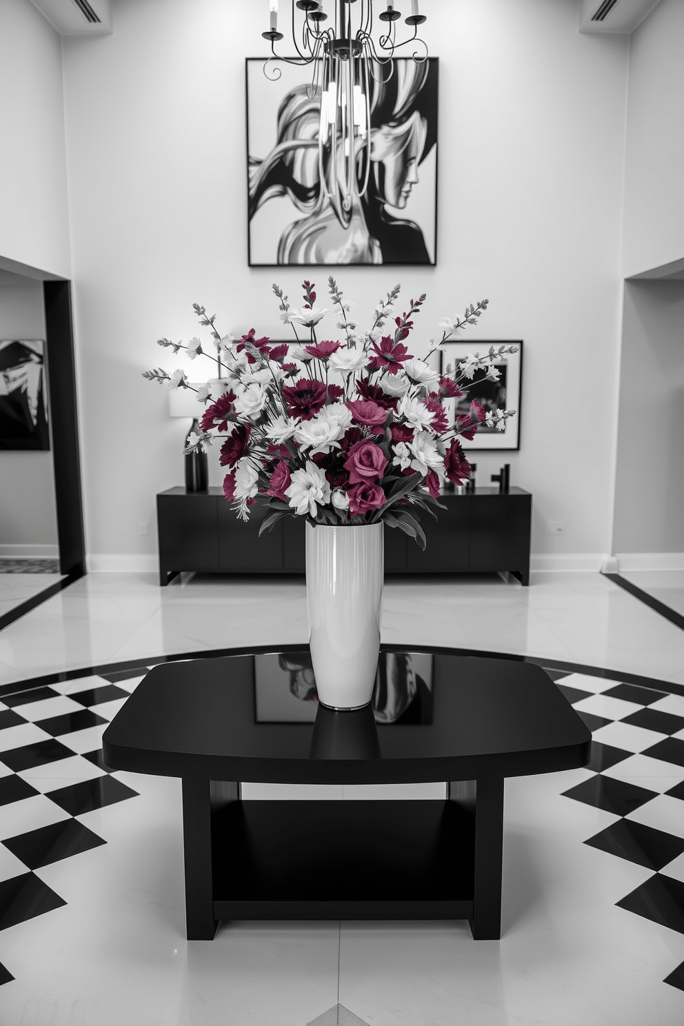 A stunning monochrome vase filled with fresh flowers sits elegantly in the center of a spacious foyer. The walls are adorned with black and white artwork, while the floor features a sleek black and white checkerboard pattern that enhances the dramatic aesthetic. The foyer is illuminated by a modern chandelier, casting soft light on the minimalist decor. A stylish console table, finished in matte black, complements the monochrome theme and provides a perfect backdrop for the vase.