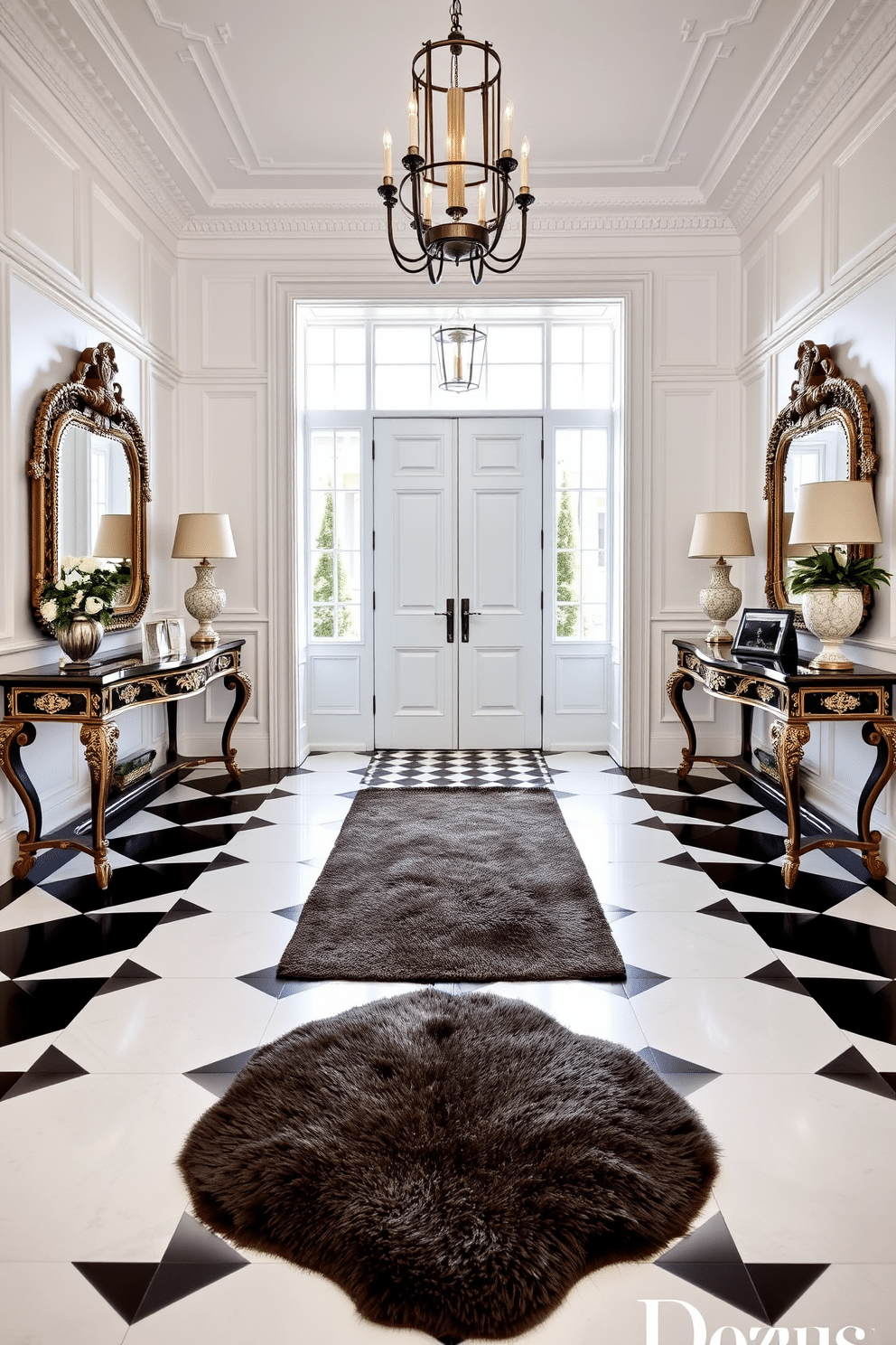 A classic foyer features a striking black and white checkered floor that sets a bold tone for the space. Flanking the entrance, elegant console tables with intricate detailing showcase decorative mirrors and stylish accessories. The walls are adorned with crisp white paneling, contrasting beautifully with the dark floor. A plush area rug in a complementary pattern adds warmth and texture, inviting guests into the home.