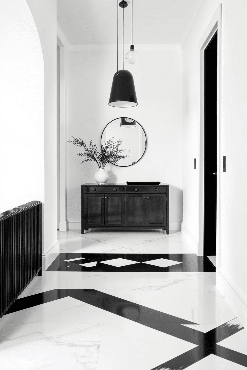 A sleek foyer featuring a bold black and white color scheme. The floor is adorned with large black and white geometric tiles, while a minimalist console table in black wood stands against the wall. Above the console, contemporary pendant lights hang elegantly, providing stylish illumination. The walls are painted in a crisp white, contrasting beautifully with the dark accents and creating an inviting atmosphere.