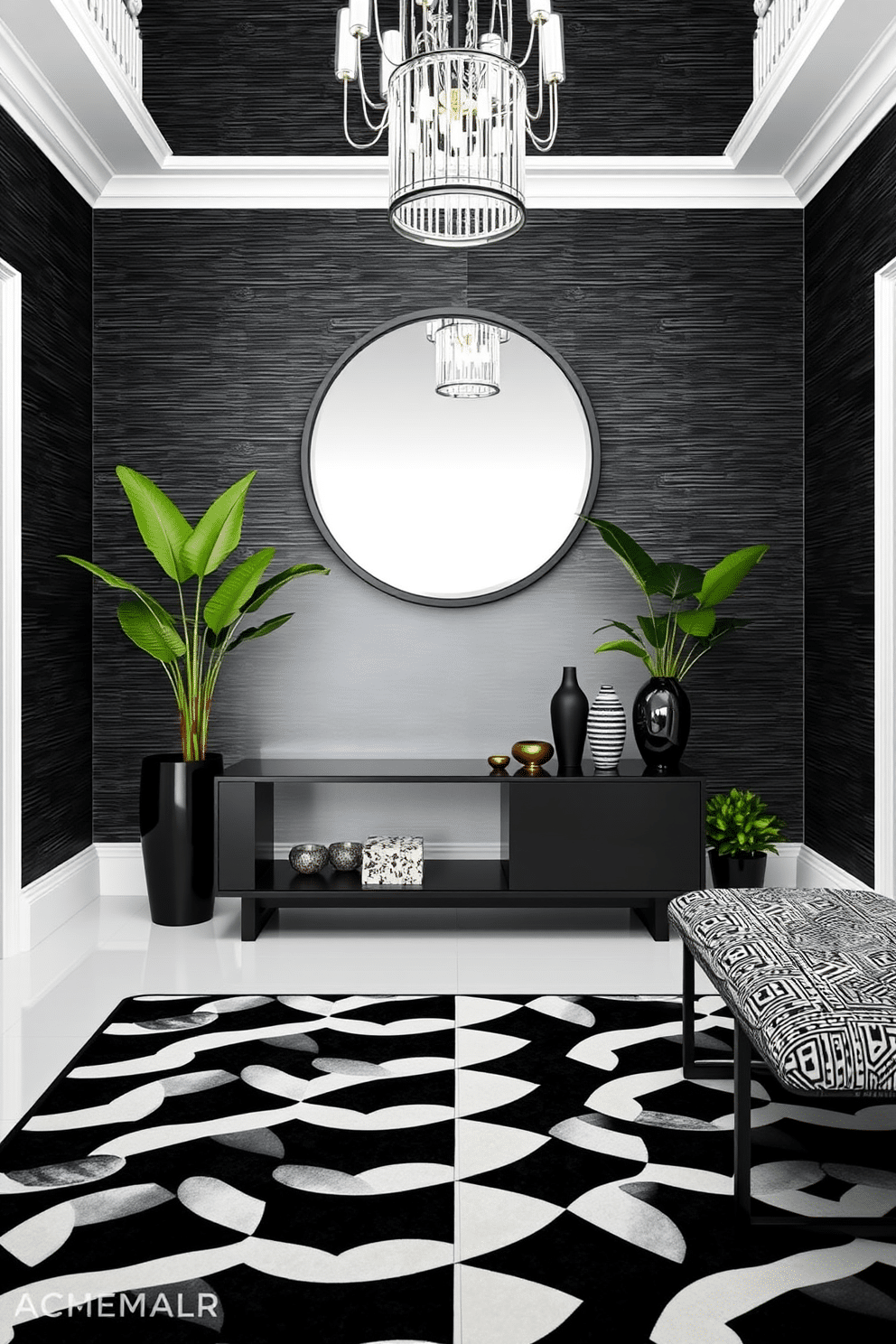 A striking black and white foyer features a bold geometric patterned rug that contrasts with the smooth, glossy white tiles. The walls are adorned with a textured black wallpaper, creating depth, while a sleek console table in matte black showcases a collection of decorative objects with varying finishes. A large round mirror with a black frame hangs above the console, reflecting the light from an elegant chandelier above. Potted greenery adds a touch of vibrancy, while a stylish bench upholstered in a textured fabric provides seating, enhancing the cohesive color palette with varied textures.