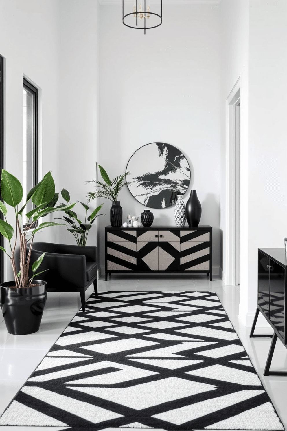 A modern foyer featuring a striking black and white color scheme. The floor is adorned with a large geometric patterned rug, while sleek black furniture contrasts beautifully with white walls. In one corner, simple potted plants add a refreshing touch, enhancing the space's vibrancy. A stylish console table with decorative accents sits against the wall, creating an inviting entryway.