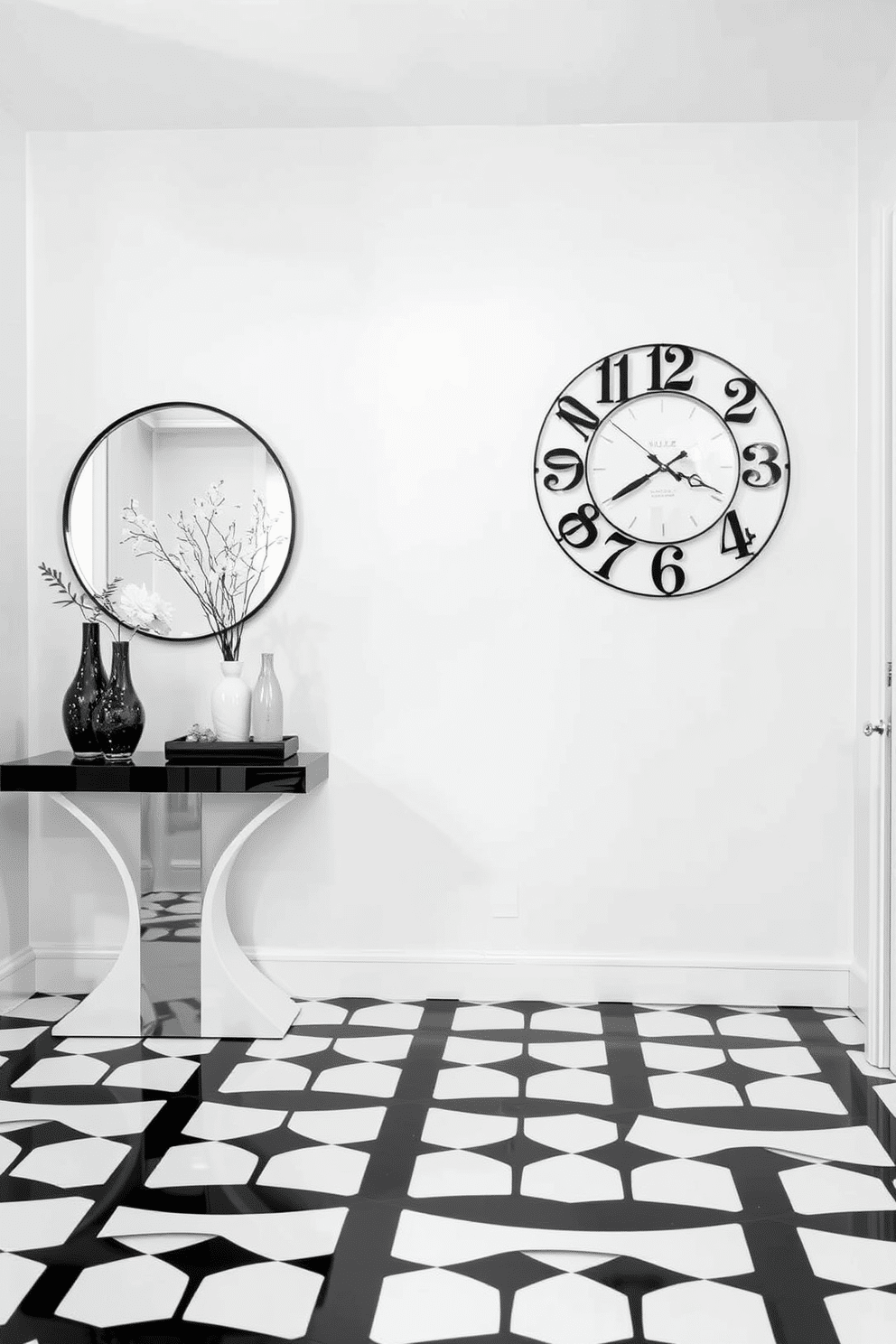 A striking foyer design featuring a statement clock with bold black numbers prominently displayed on the wall. The floor is adorned with a black and white geometric patterned tile, creating a modern and sophisticated entrance. To the left, a sleek console table in a high-gloss finish complements the monochrome theme, topped with stylish decor pieces. A large round mirror with a thin black frame hangs above the table, reflecting light and enhancing the sense of space.