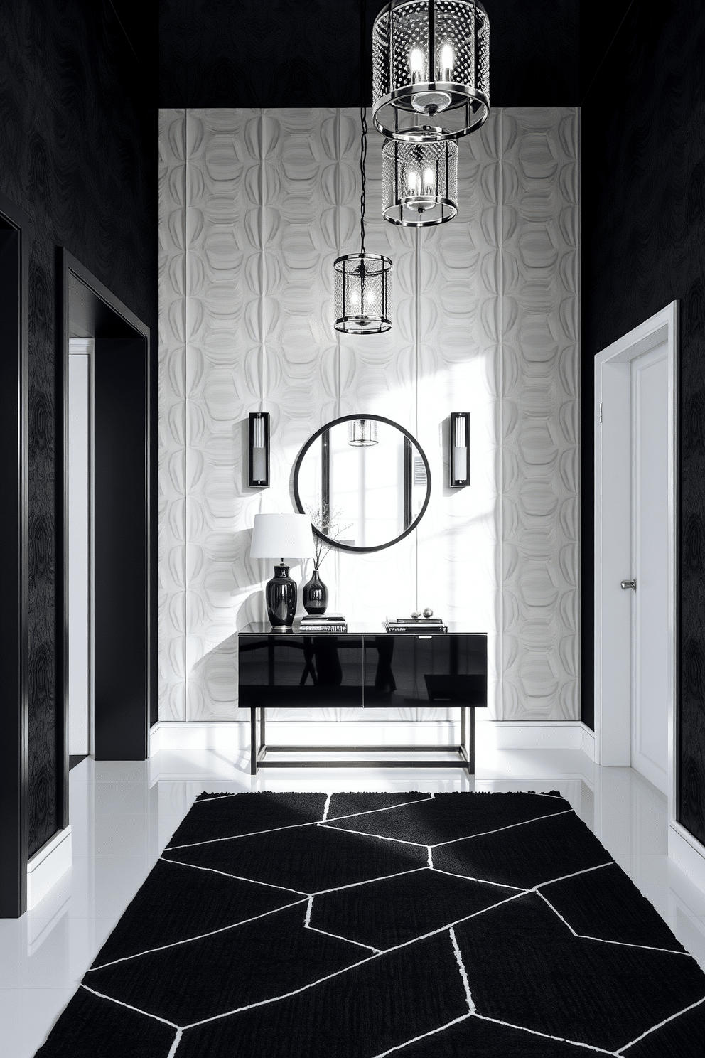 A striking foyer featuring textured wall panels that create a sense of depth and visual interest. The space is accented with bold black and white elements, including a geometric patterned rug and a sleek console table. The walls are adorned with three-dimensional panels, adding a contemporary flair to the entryway. Elegant lighting fixtures cast soft shadows, enhancing the dramatic contrast between the black and white color scheme.