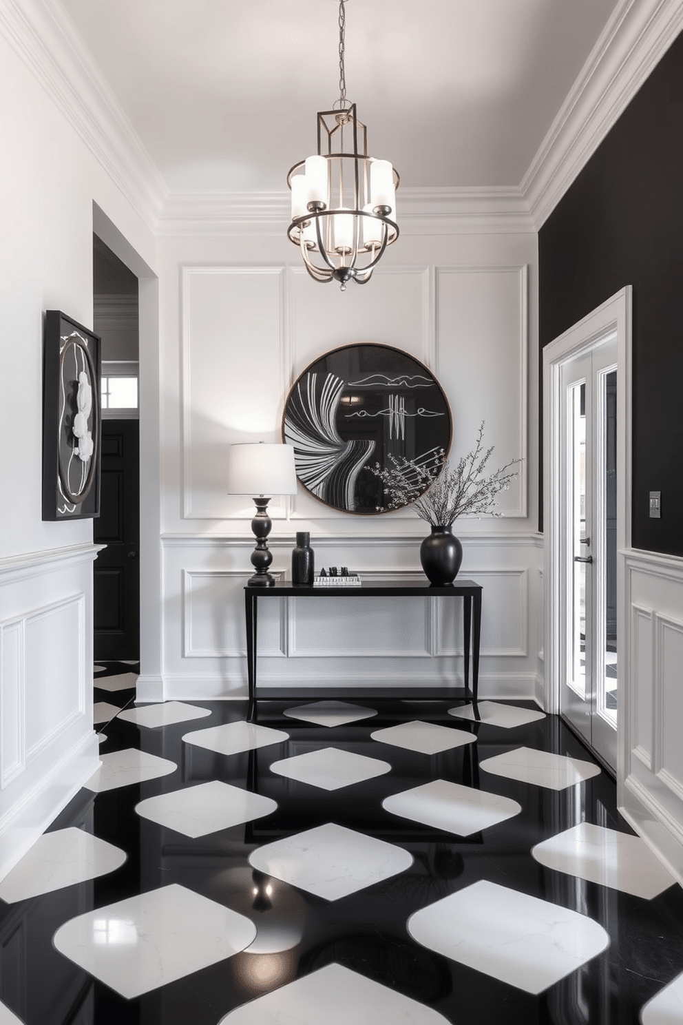 A stunning foyer featuring white wainscoting that elegantly contrasts with bold black accents. The space is illuminated by a modern chandelier, enhancing the dramatic interplay between light and shadow. The floor is adorned with a striking black and white checkerboard pattern, creating a timeless appeal. A sleek console table against the wall displays decorative items that complement the monochromatic theme.